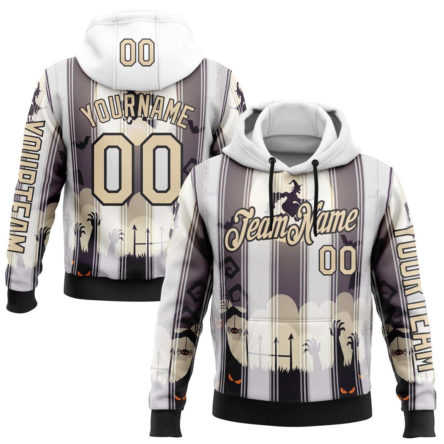 Custom White City Cream-Black 3D Halloween Spooky Sportswear Pullover Sweatshirt Hoodie