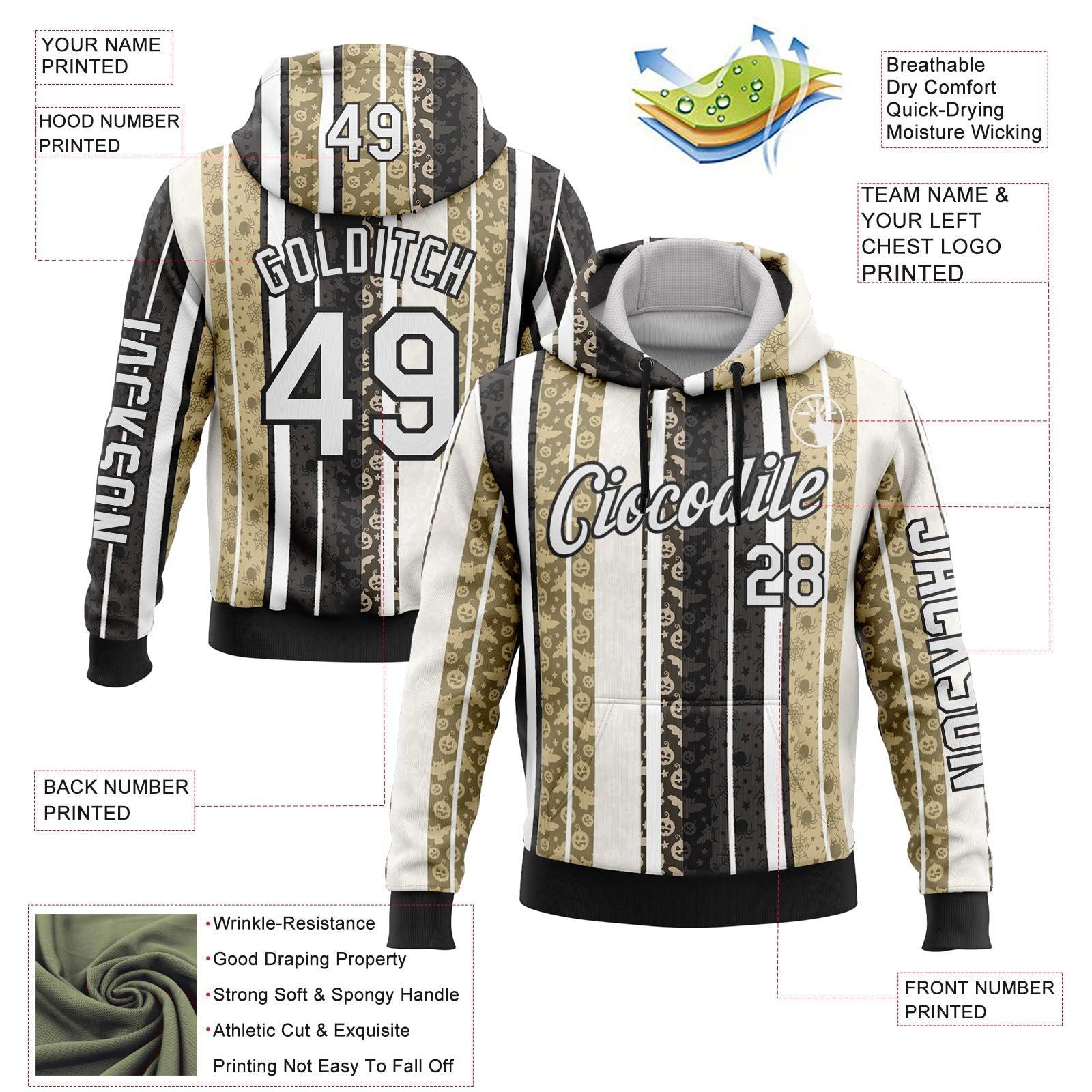 Custom White Black-Cream 3D Halloween Pumpkin Spooky Stripe Sports Pullover Sweatshirt Hoodie