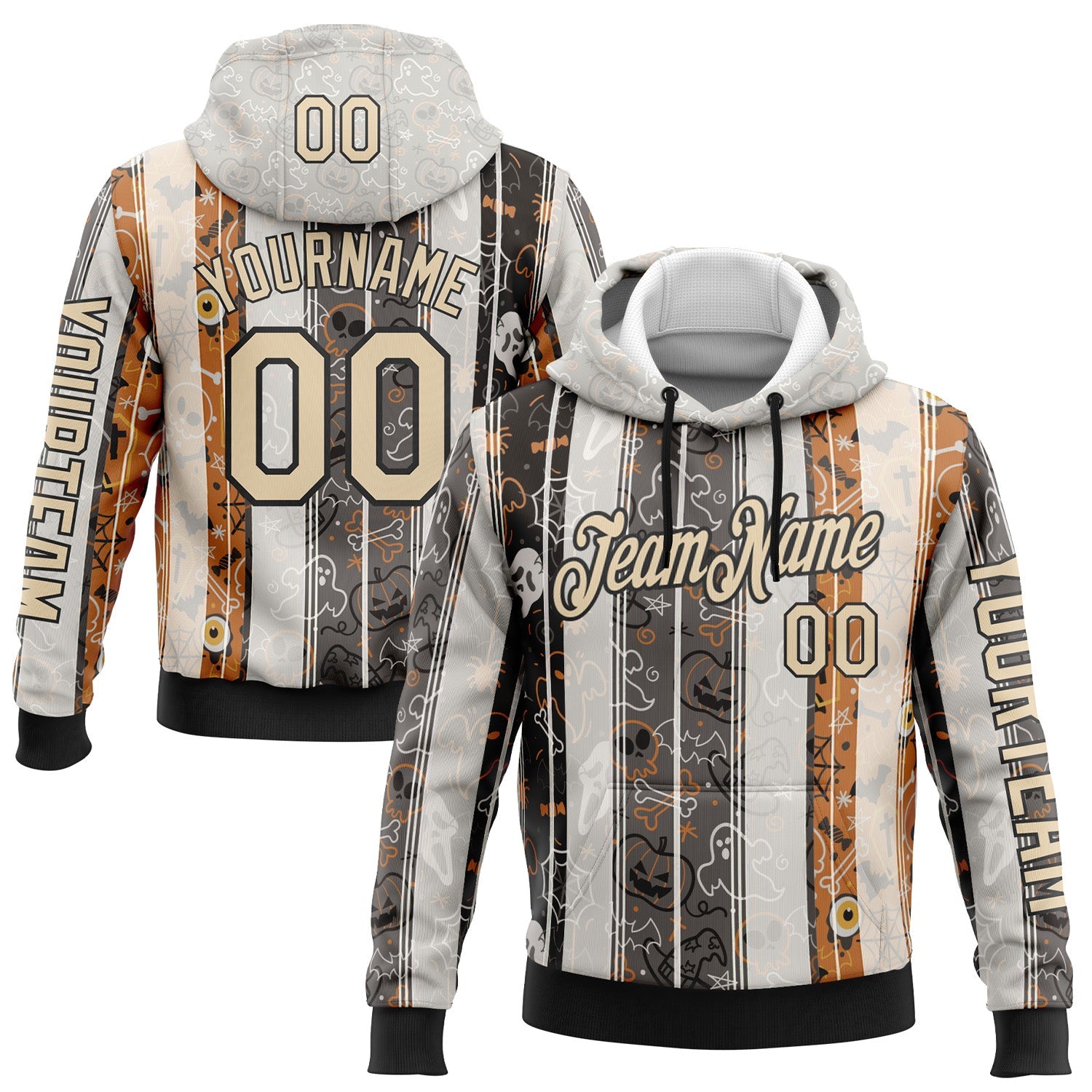 Custom White City Cream Black-Orange 3D Halloween Pumpkin Spooky Stripe Sports Pullover Sweatshirt Hoodie