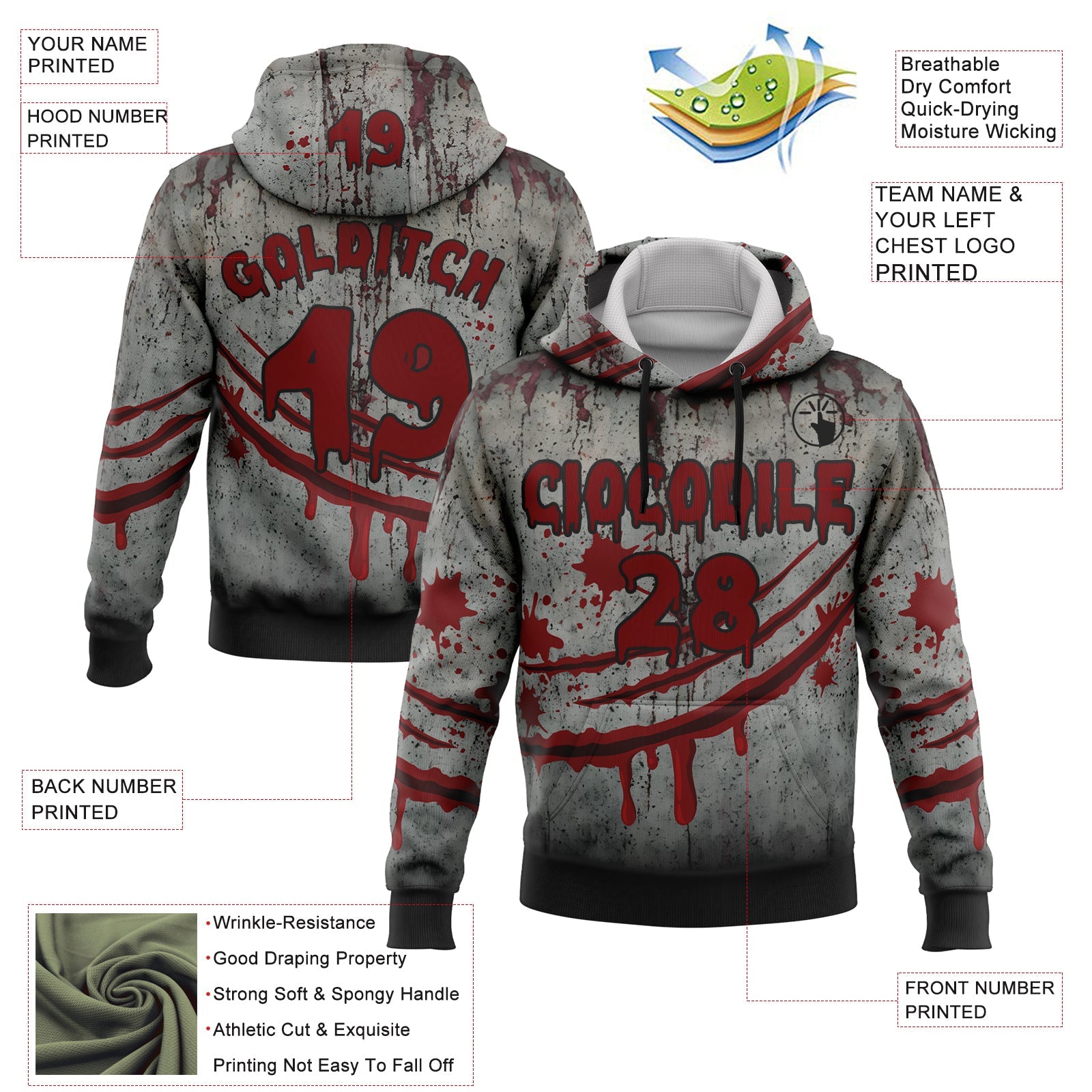 Custom Gray Red-Black 3D Halloween Creepy Spooky Horror Sports Pullover Sweatshirt Hoodie