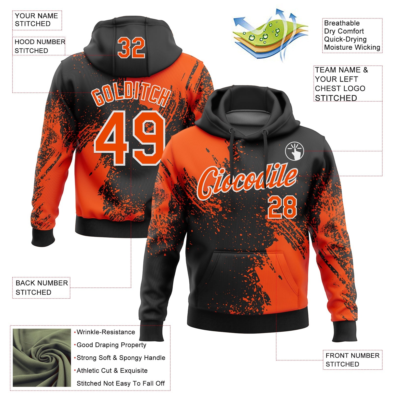 Custom Stitched Black Orange-White 3D Pattern Design Abstract Brush Stroke Sports Pullover Sweatshirt Hoodie