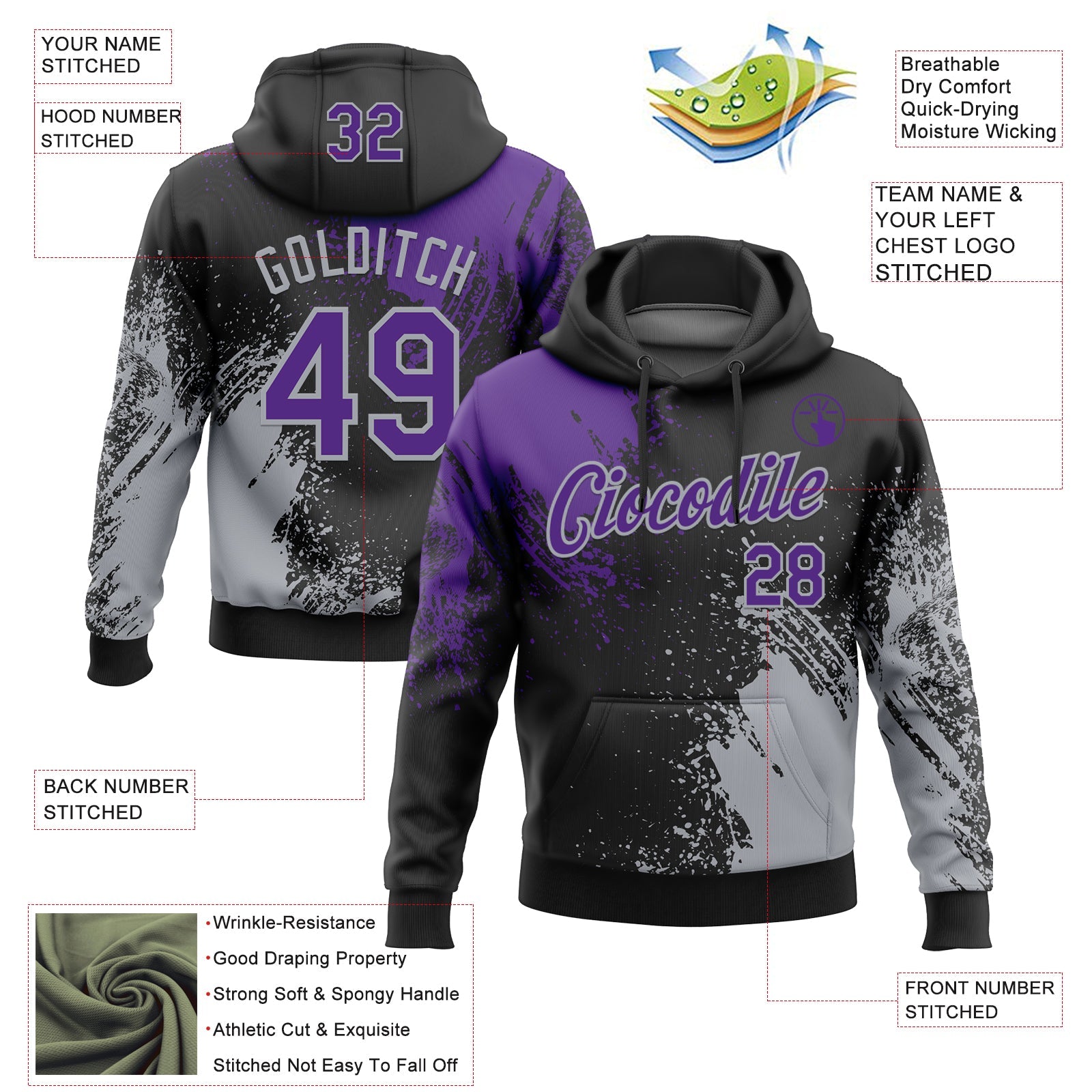 Custom Stitched Black Purple-Gray 3D Pattern Design Abstract Brush Stroke Sports Pullover Sweatshirt Hoodie
