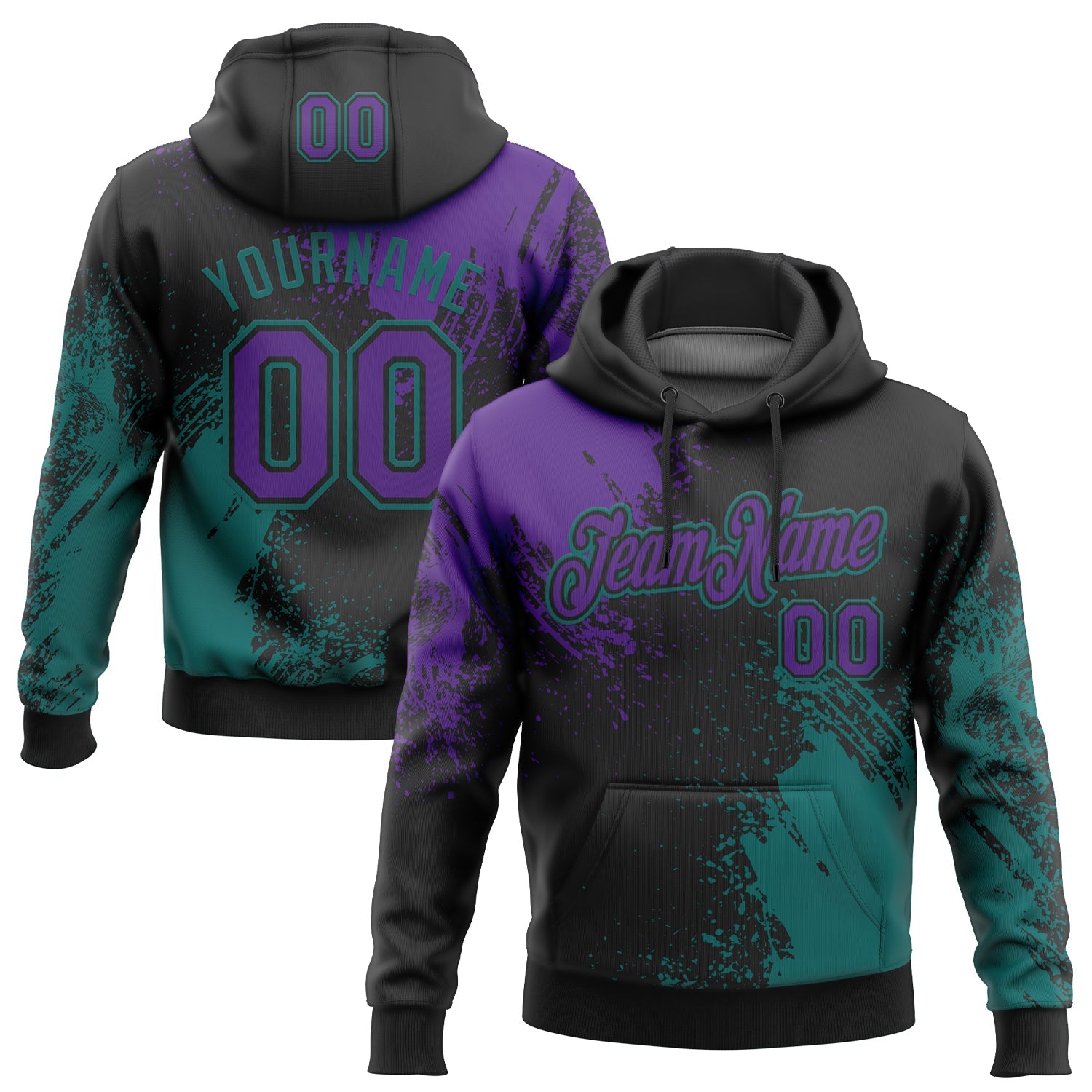 Custom Stitched Black Purple-Teal 3D Pattern Design Abstract Brush Stroke Sports Pullover Sweatshirt Hoodie