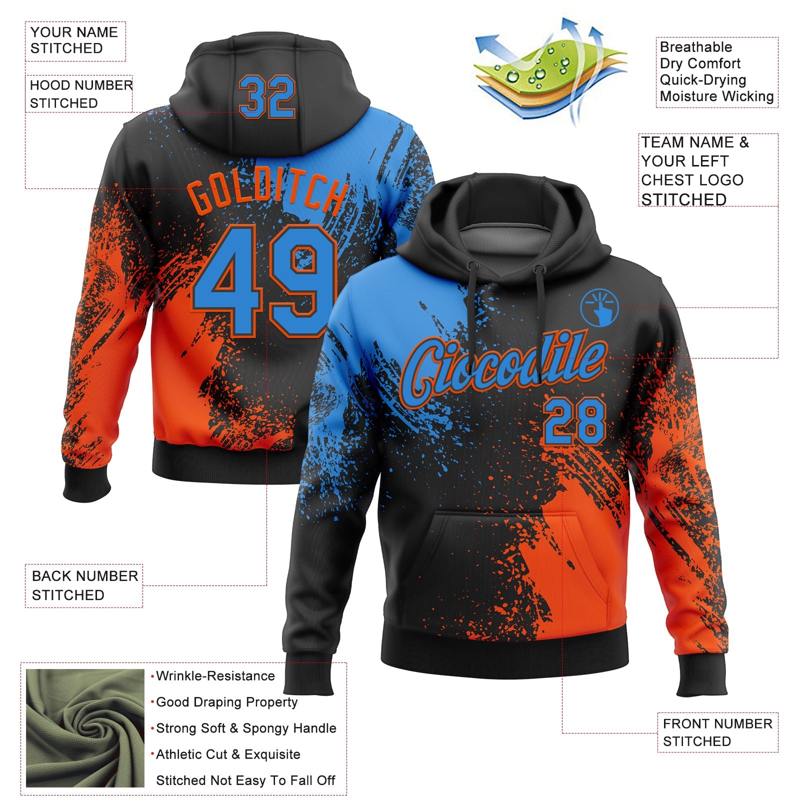 Custom Stitched Black Powder Blue-Orange 3D Pattern Design Abstract Brush Stroke Sports Pullover Sweatshirt Hoodie