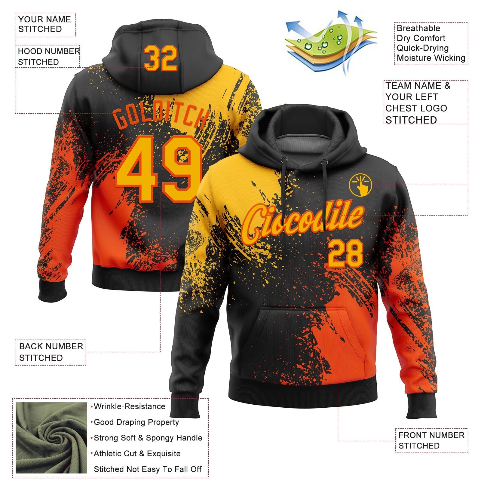Custom Stitched Black Gold-Orange 3D Pattern Design Abstract Brush Stroke Sports Pullover Sweatshirt Hoodie