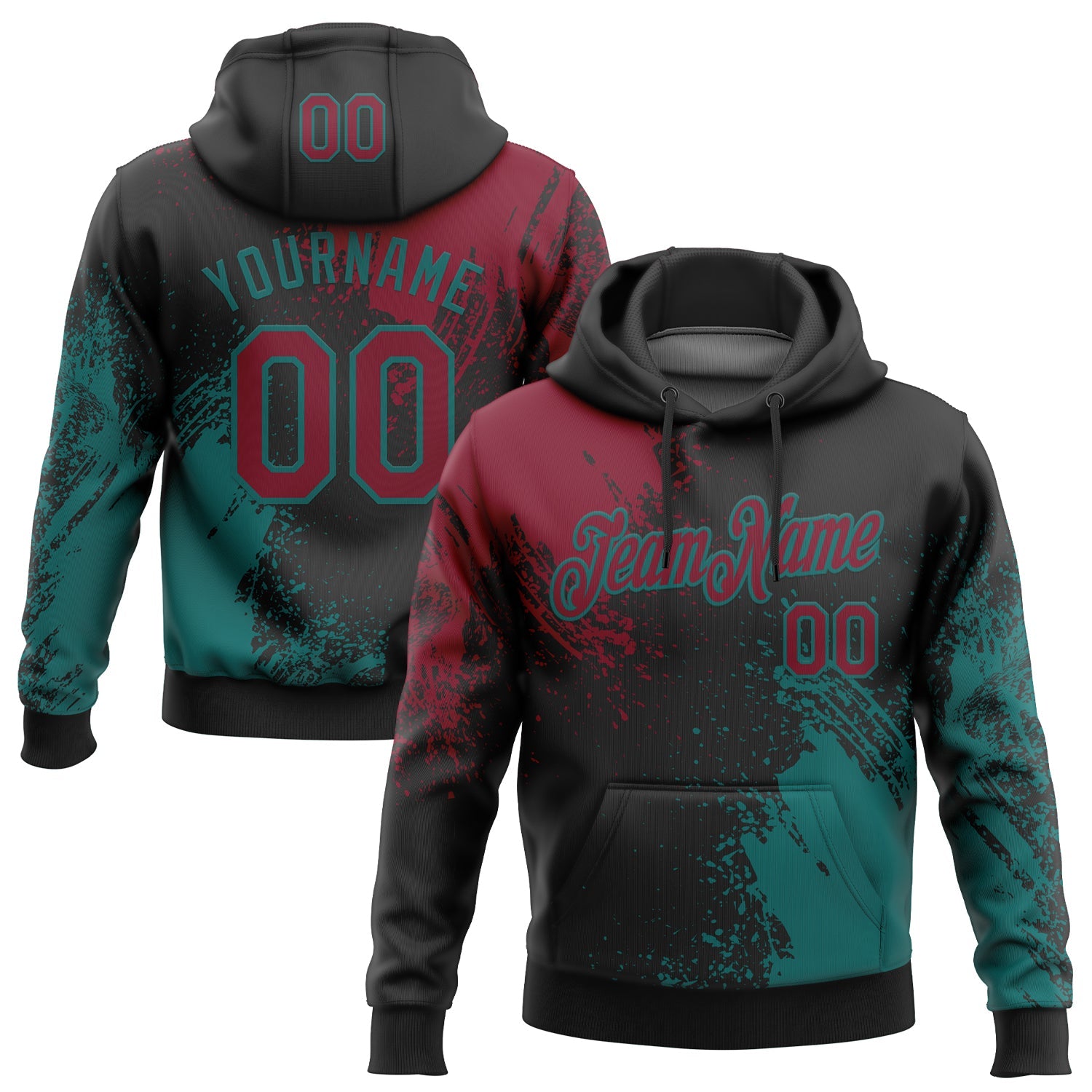 Custom Stitched Black Crimson-Teal 3D Pattern Design Abstract Brush Stroke Sports Pullover Sweatshirt Hoodie