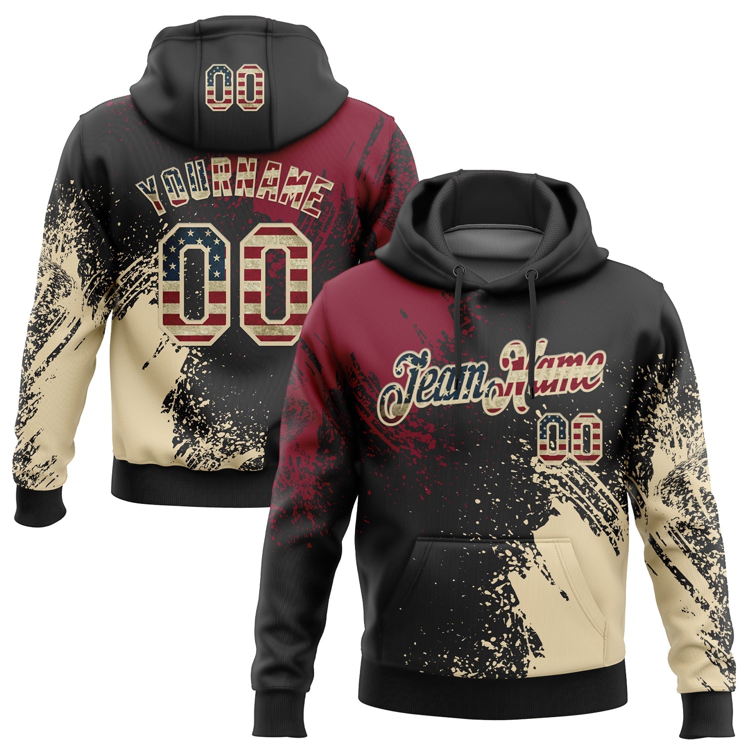 Custom Stitched Black Vintage USA Flag Crimson-Cream 3D Pattern Design Abstract Brush Stroke Sports Pullover Sweatshirt Hoodie