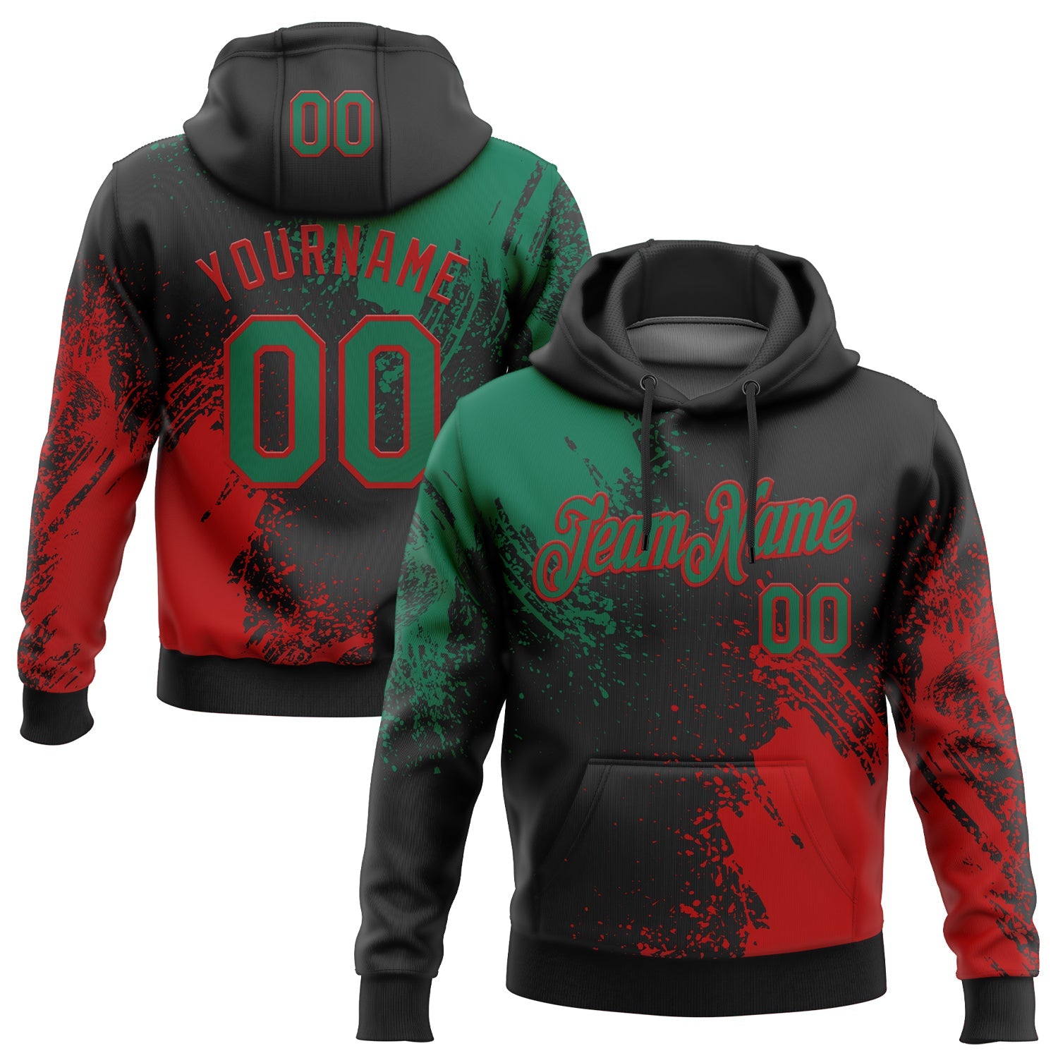 Custom Stitched Black Kelly Green-Red 3D Pattern Design Abstract Brush Stroke Sports Pullover Sweatshirt Hoodie