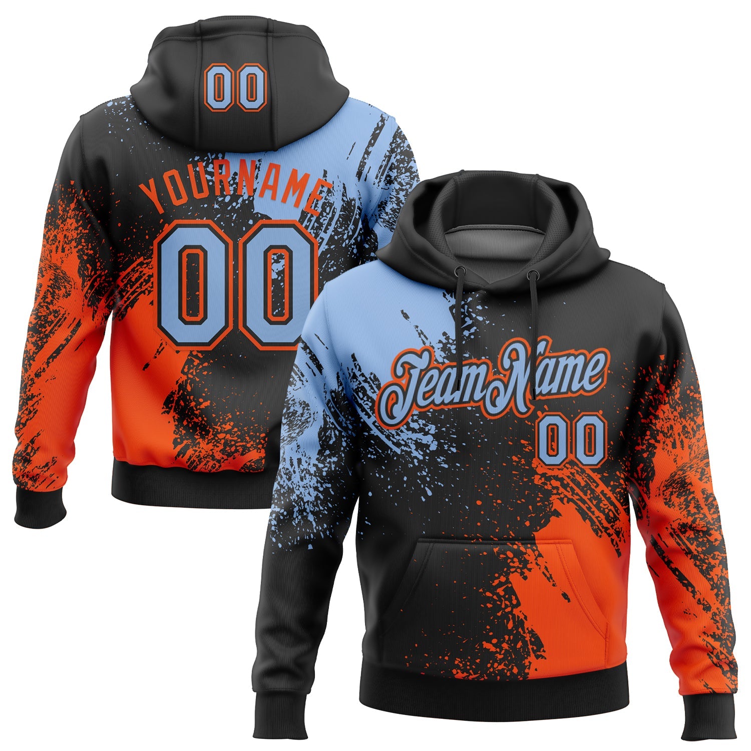 Custom Stitched Black Light Blue-Orange 3D Pattern Design Abstract Brush Stroke Sports Pullover Sweatshirt Hoodie
