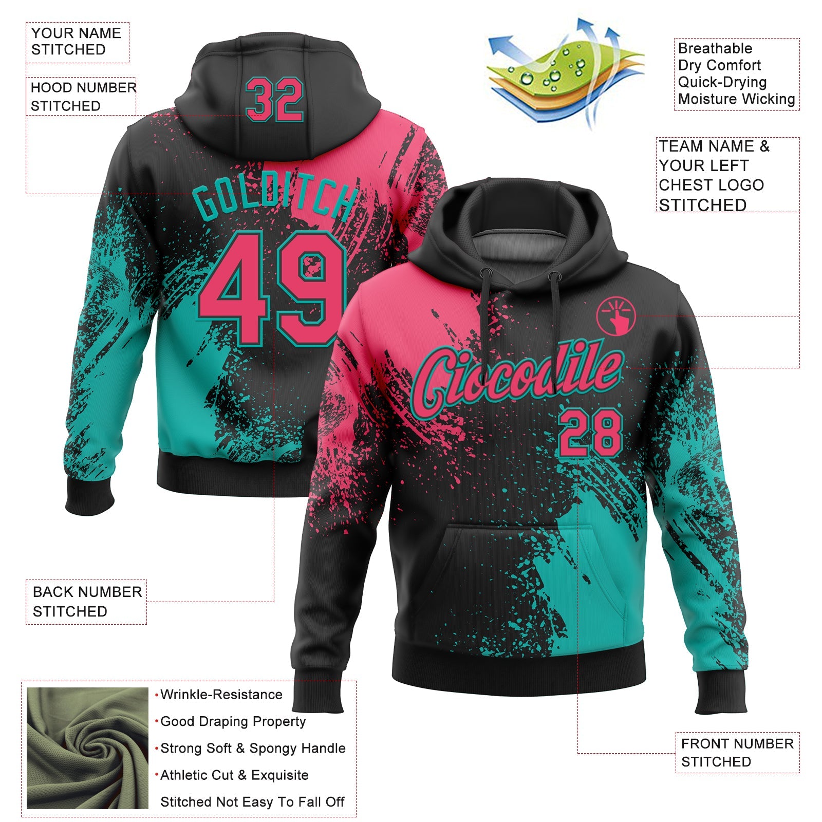 Custom Stitched Black Neon Pink-Aqua 3D Pattern Design Abstract Brush Stroke Sports Pullover Sweatshirt Hoodie