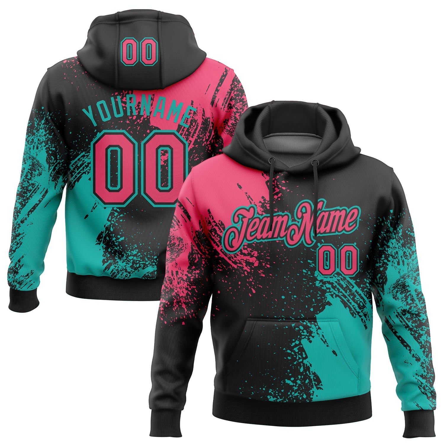 Custom Stitched Black Neon Pink-Aqua 3D Pattern Design Abstract Brush Stroke Sports Pullover Sweatshirt Hoodie