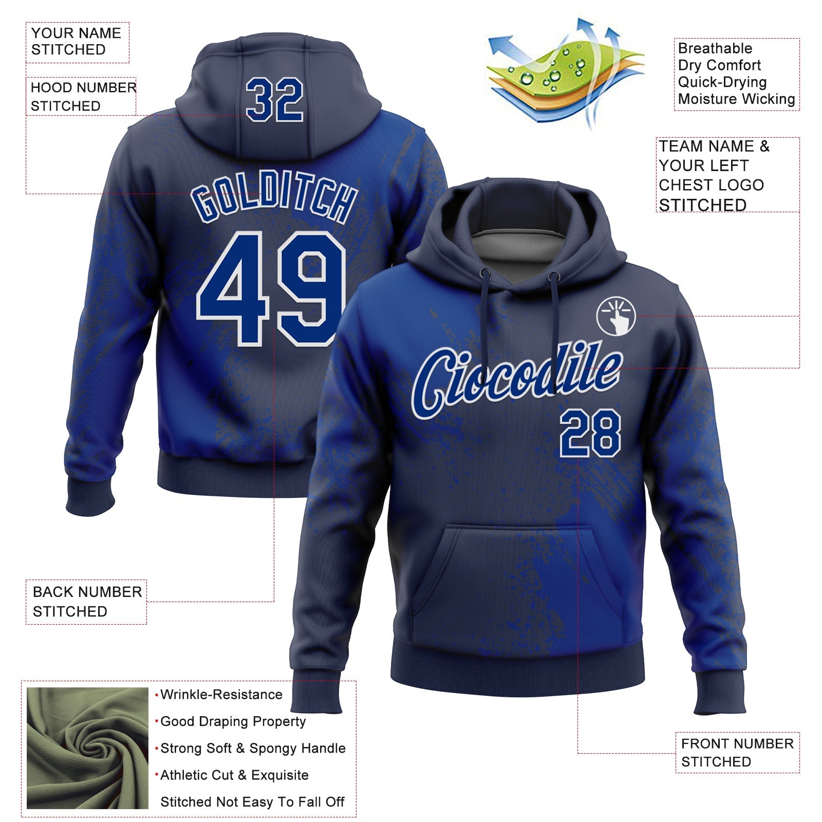 Custom Stitched Navy Royal-White 3D Pattern Design Abstract Brush Stroke Sports Pullover Sweatshirt Hoodie