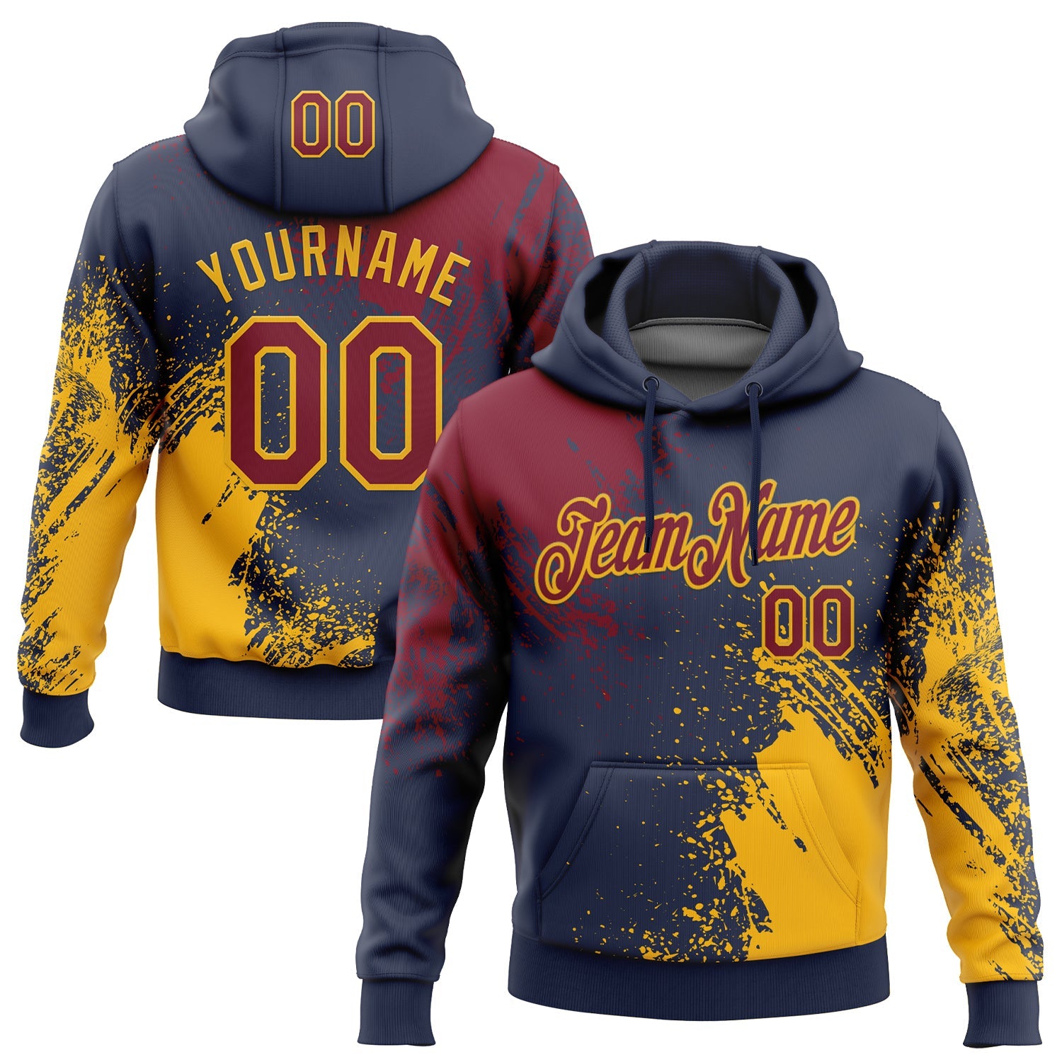 Custom Stitched Navy Crimson-Gold 3D Pattern Design Abstract Brush Stroke Sports Pullover Sweatshirt Hoodie