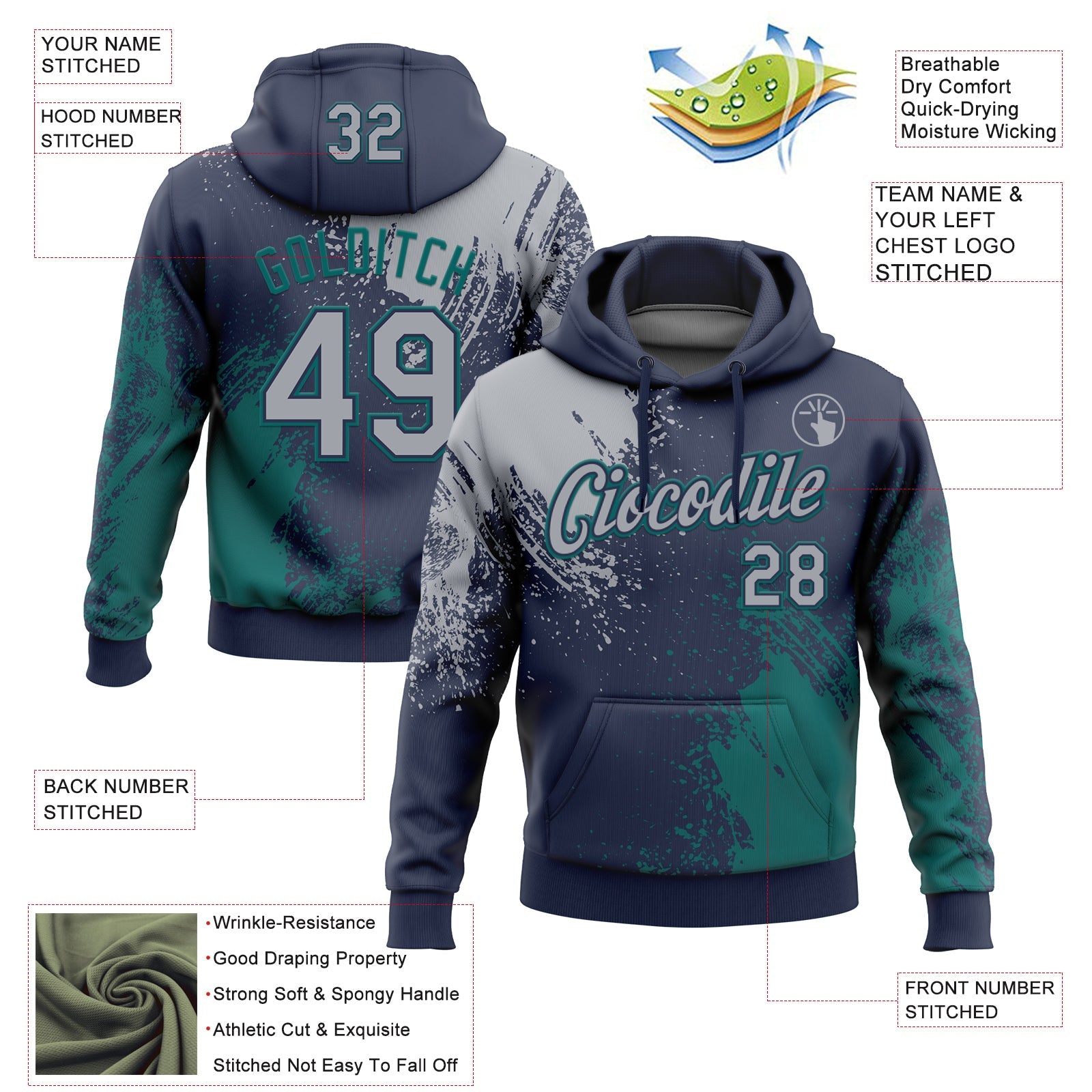 Custom Stitched Navy Gray-Teal 3D Pattern Design Abstract Brush Stroke Sports Pullover Sweatshirt Hoodie