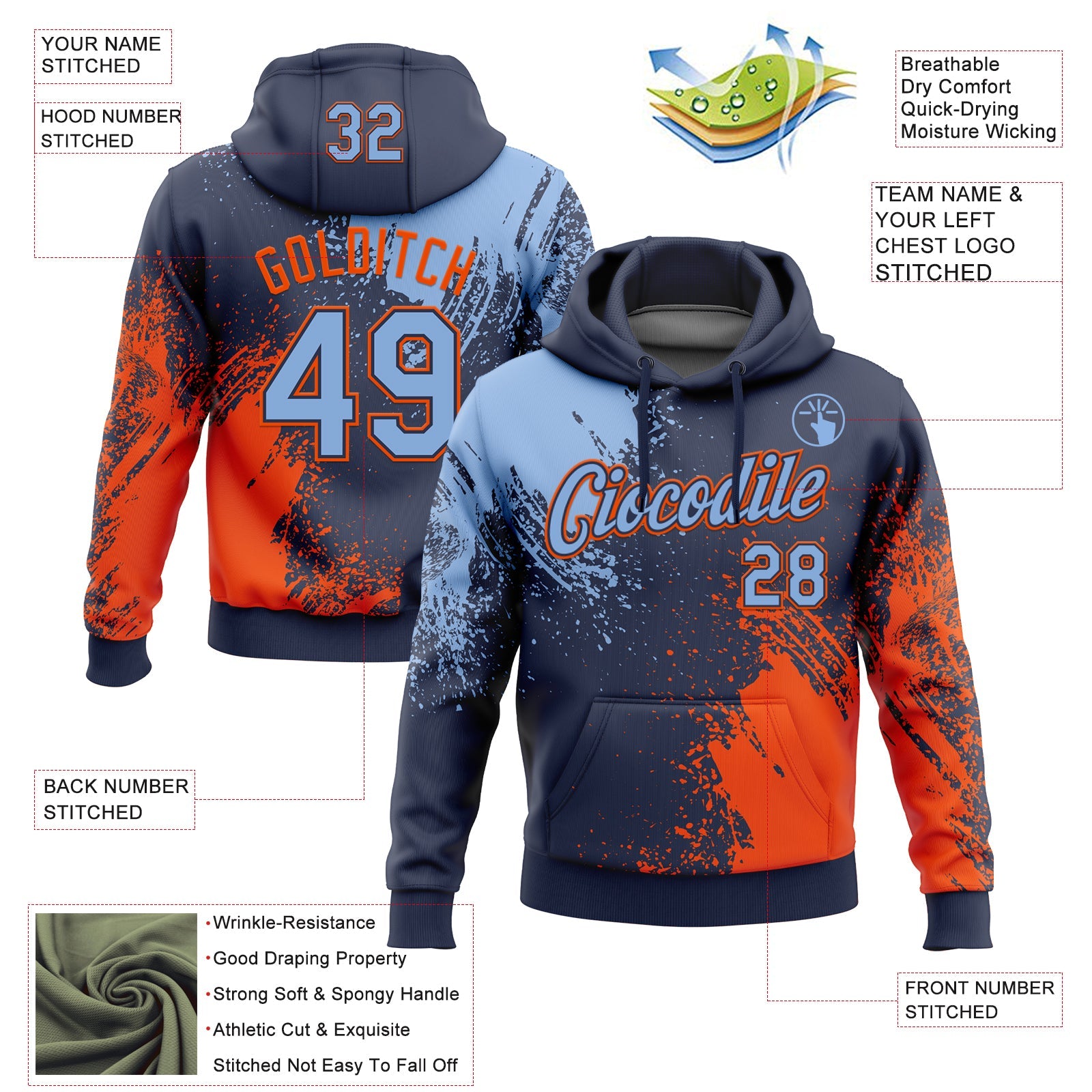 Custom Stitched Navy Light Blue-Orange 3D Pattern Design Abstract Brush Stroke Sports Pullover Sweatshirt Hoodie