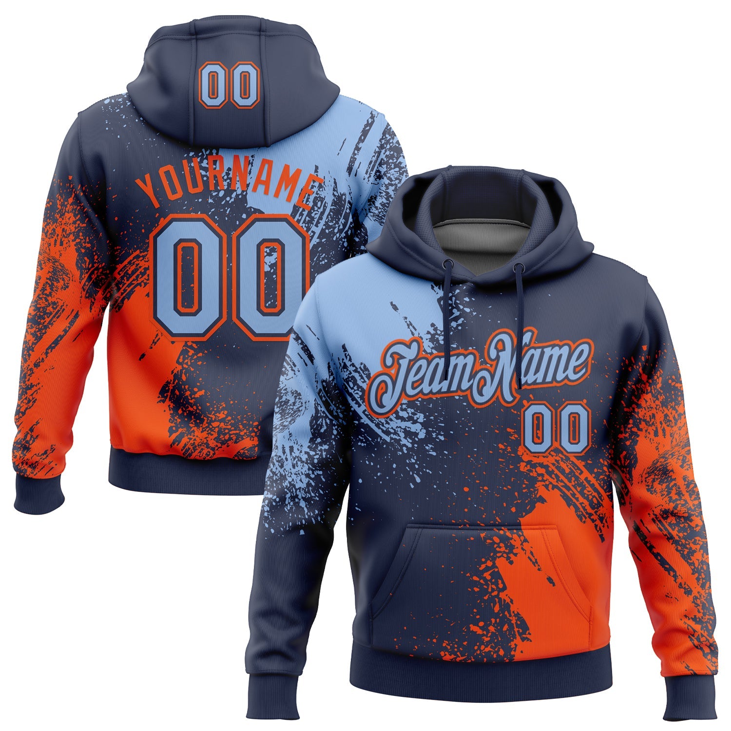 Custom Stitched Navy Light Blue-Orange 3D Pattern Design Abstract Brush Stroke Sports Pullover Sweatshirt Hoodie