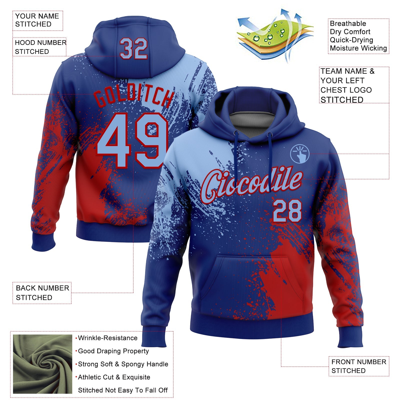 Custom Stitched Royal Light Blue-Red 3D Pattern Design Abstract Brush Stroke Sports Pullover Sweatshirt Hoodie