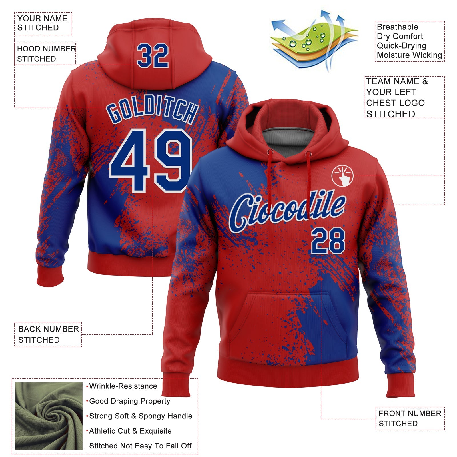 Custom Stitched Red Royal-White 3D Pattern Design Abstract Brush Stroke Sports Pullover Sweatshirt Hoodie