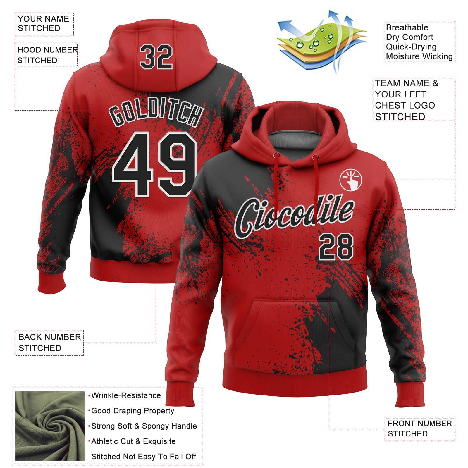 Custom Stitched Red Black-White 3D Pattern Design Abstract Brush Stroke Sports Pullover Sweatshirt Hoodie