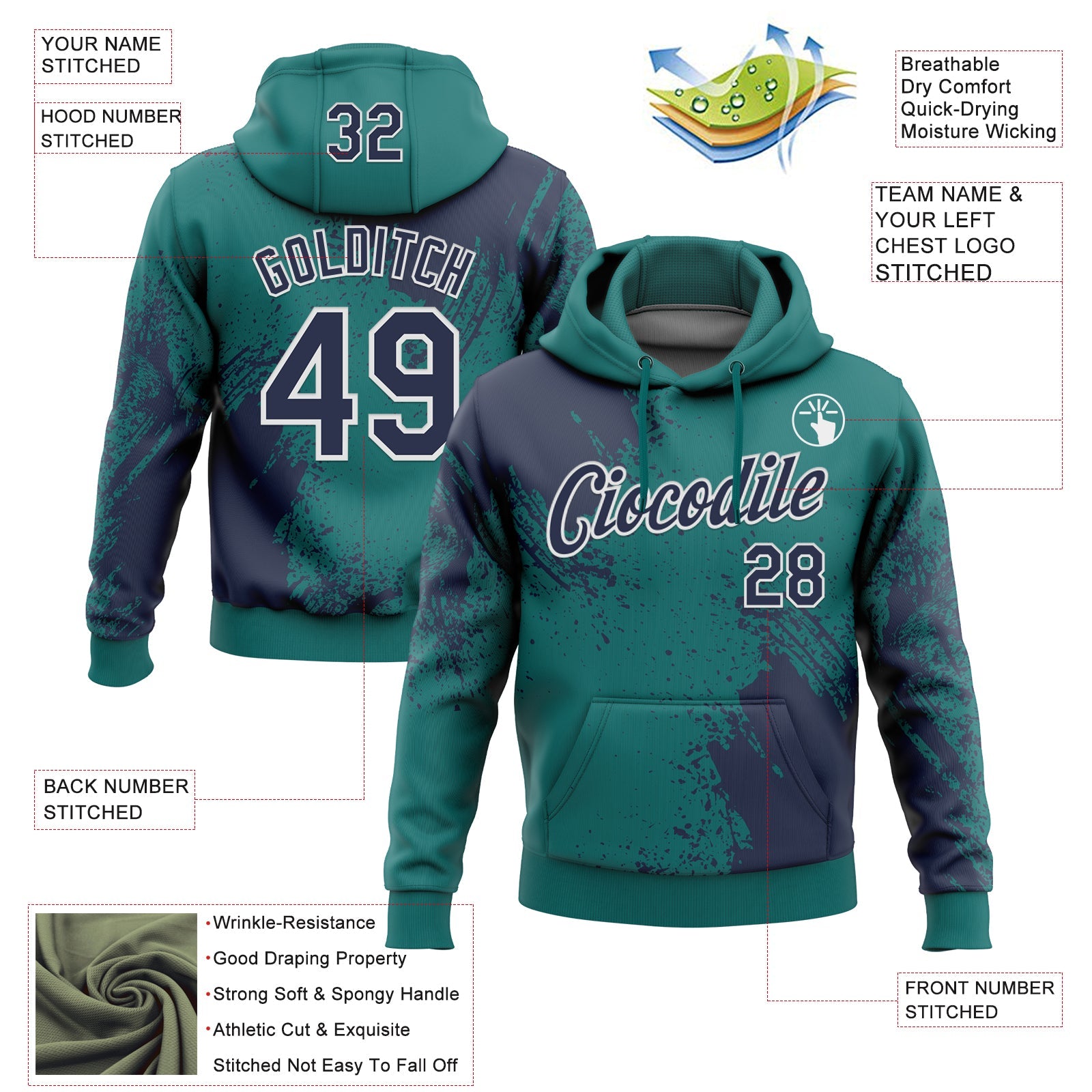 Custom Stitched Teal Navy-White 3D Pattern Design Abstract Brush Stroke Sports Pullover Sweatshirt Hoodie