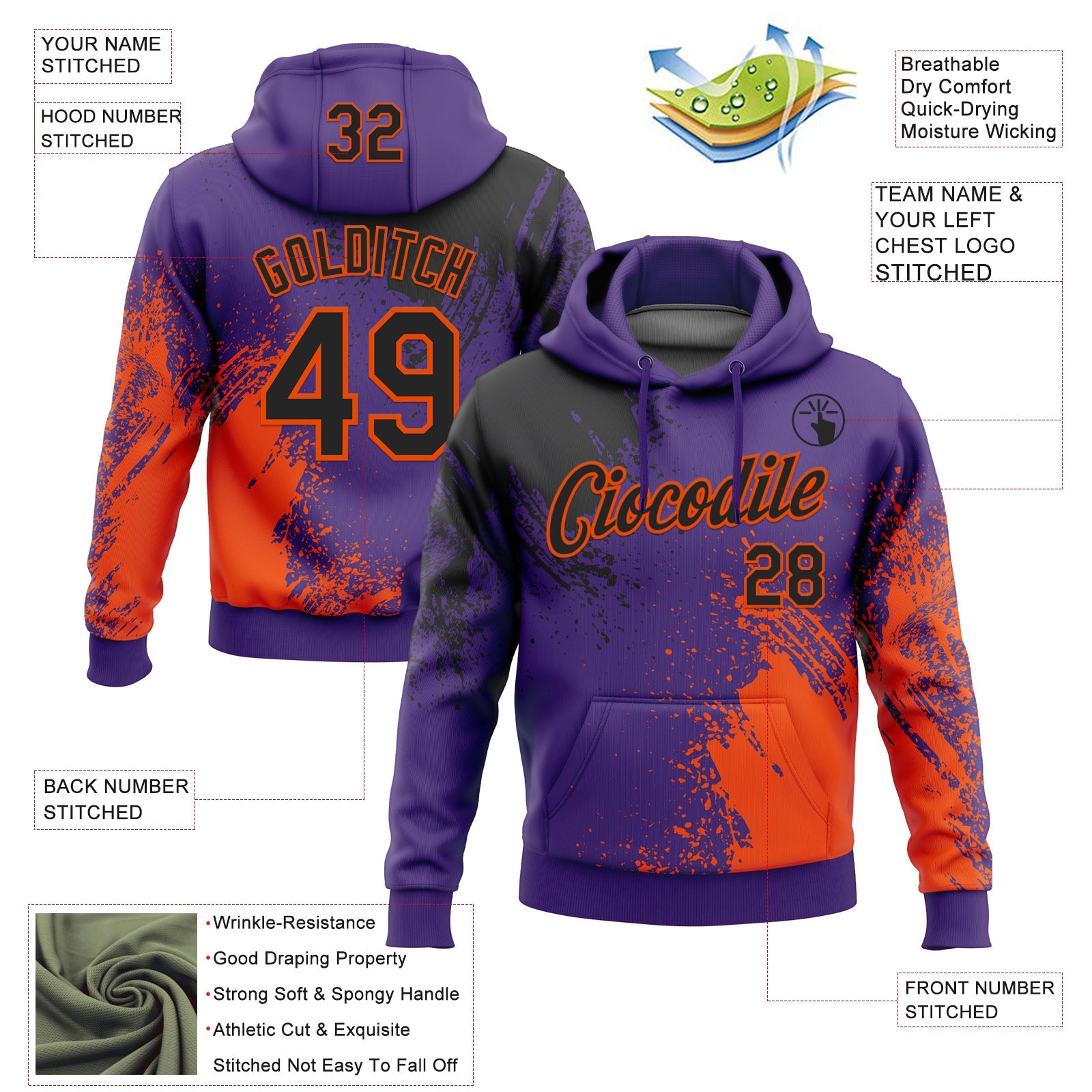 Custom Stitched Purple Black-Orange 3D Pattern Design Abstract Brush Stroke Sports Pullover Sweatshirt Hoodie