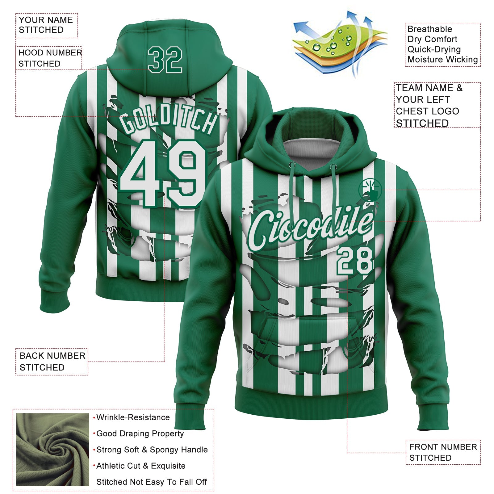 Custom Stitched Kelly Green White 3D Pattern Design Stripe Sports Pullover Sweatshirt Hoodie