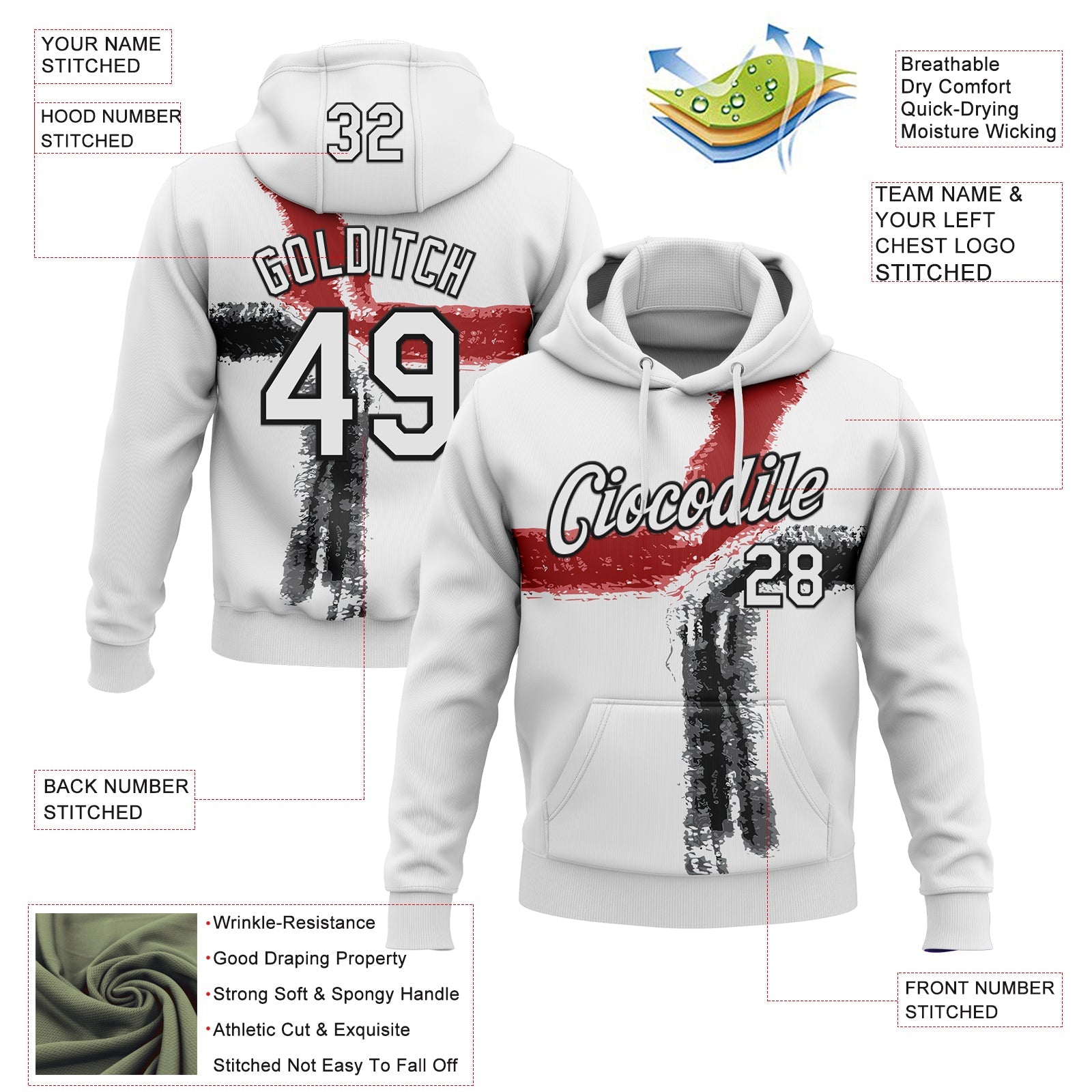 Custom Stitched White Red-Black 3D Pattern Design Splash Sports Pullover Sweatshirt Hoodie