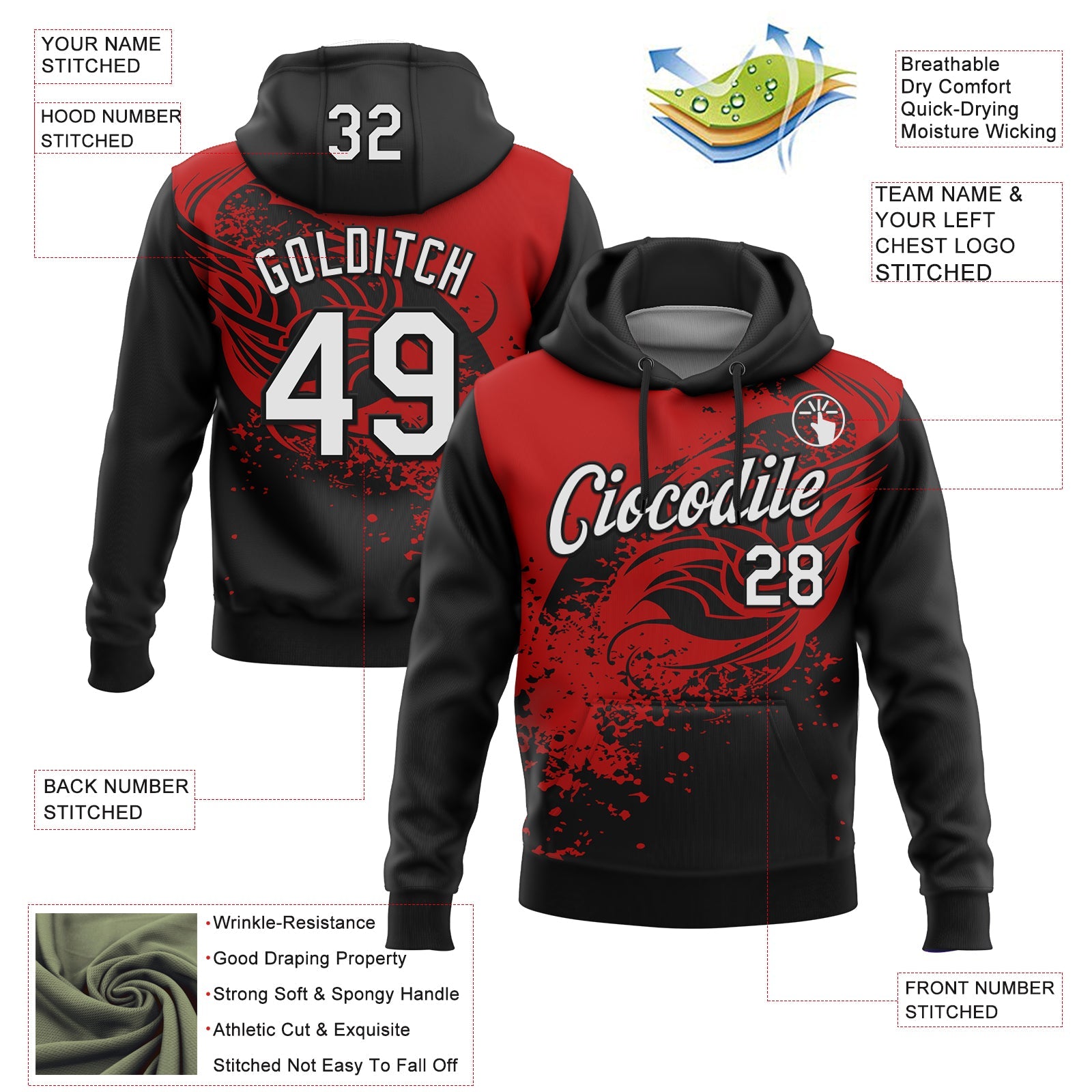 Custom Stitched Black White-Red 3D Pattern Design Splash Sports Pullover Sweatshirt Hoodie