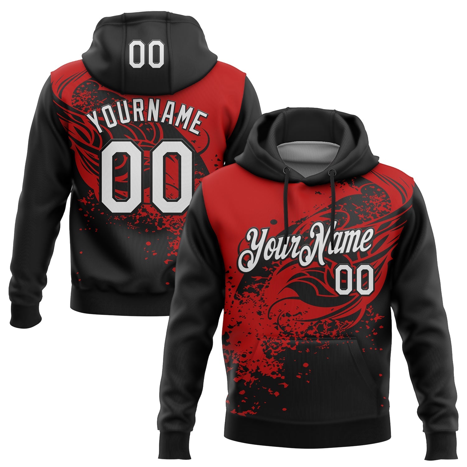 Custom Stitched Black White-Red 3D Pattern Design Splash Sports Pullover Sweatshirt Hoodie