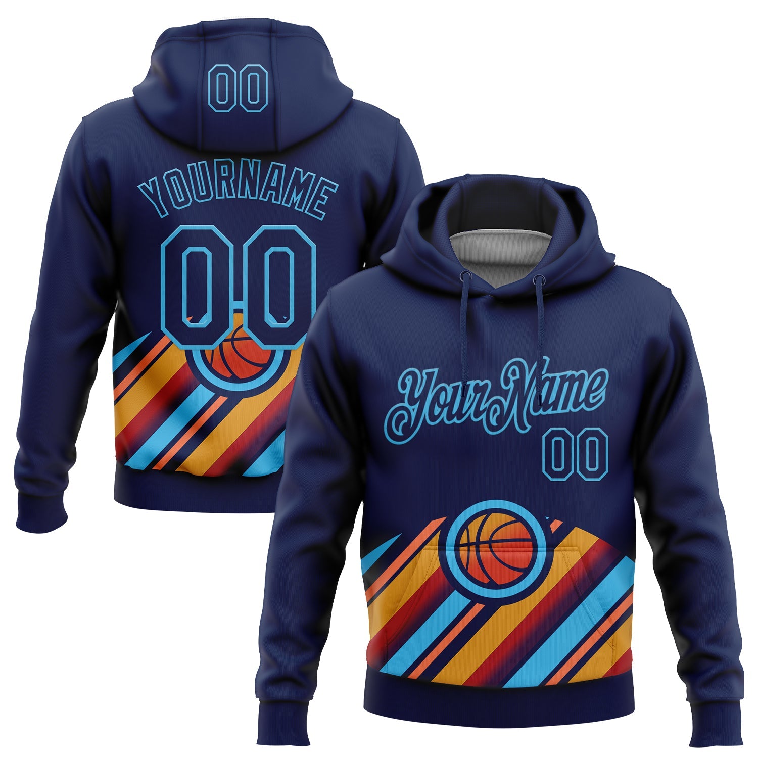 Custom Stitched Navy Orange-Sky Blue 3D Pattern Design Ball Sports Pullover Sweatshirt Hoodie