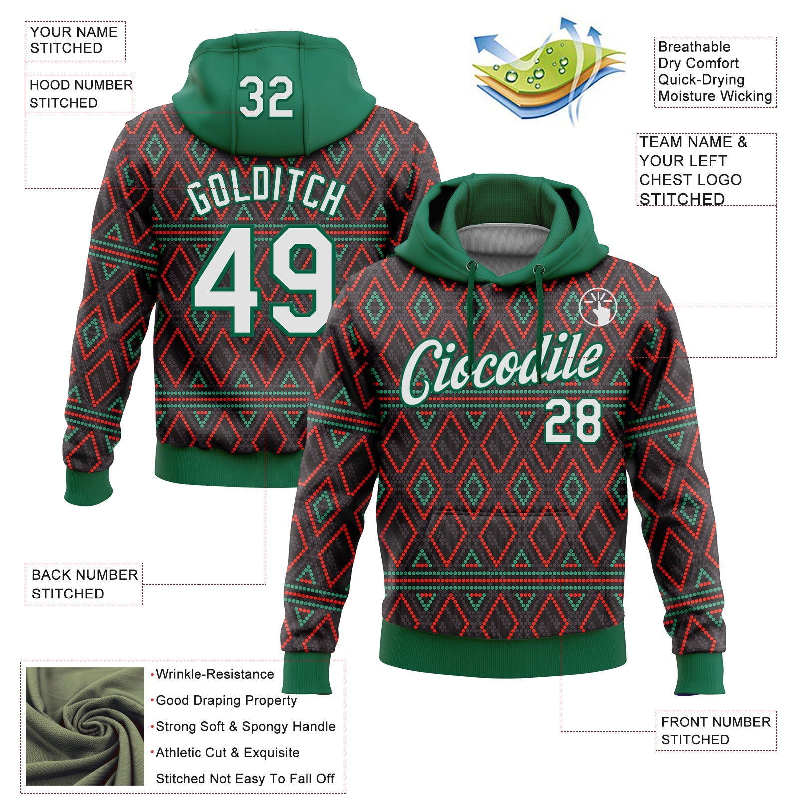 Custom Stitched Black White Kelly Green-Red 3D Pattern Design Geometric Shape Sports Pullover Sweatshirt Hoodie