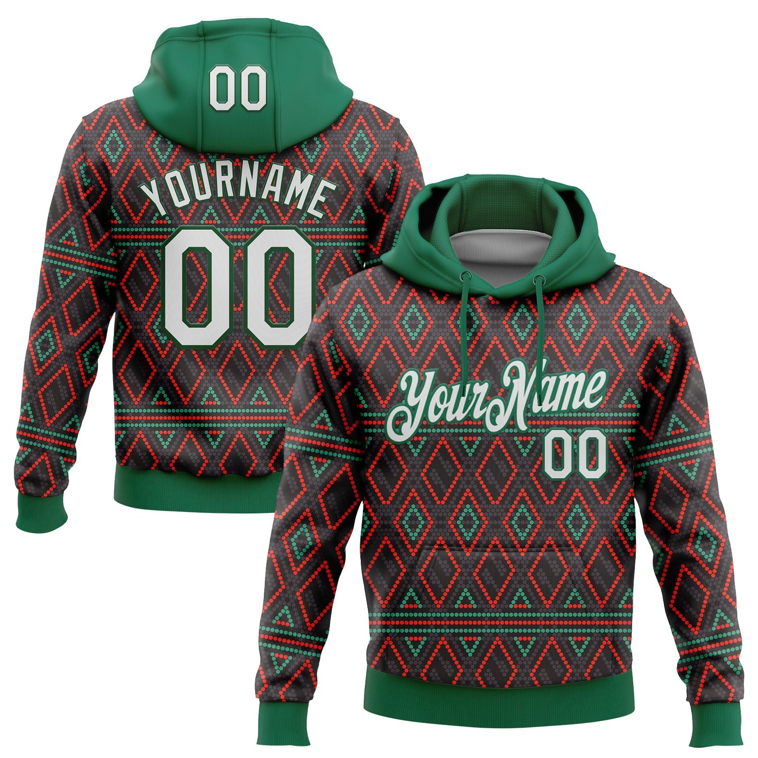 Custom Stitched Black White Kelly Green-Red 3D Pattern Design Geometric Shape Sports Pullover Sweatshirt Hoodie