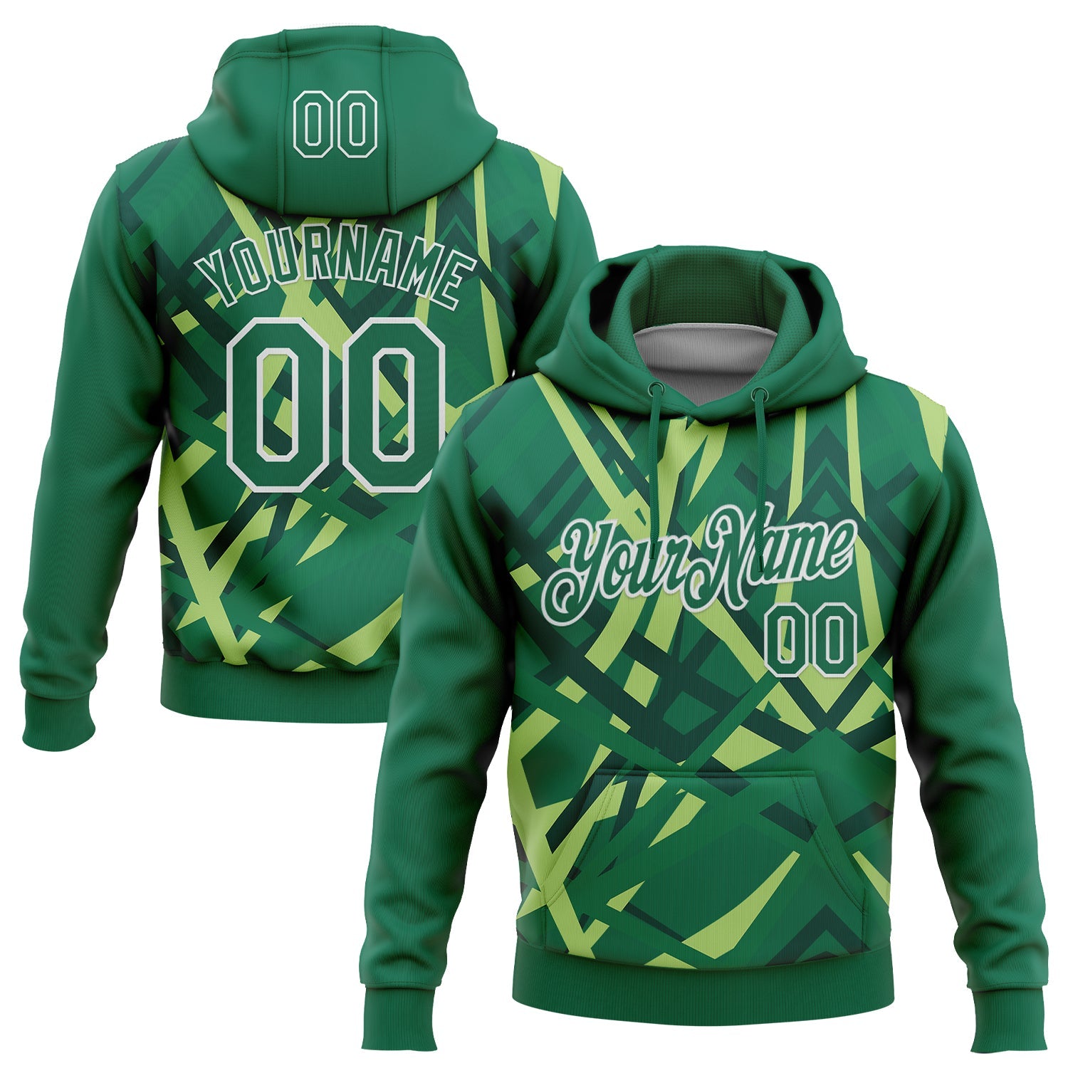 Custom Stitched Green Kelly Green-White 3D Pattern Design Geometric Shape Sports Pullover Sweatshirt Hoodie