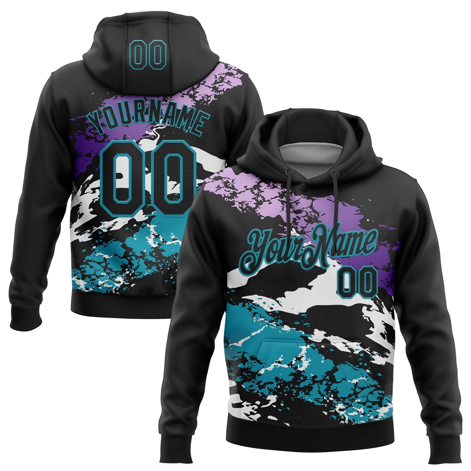 Custom Stitched Black Purple Teal-White 3D Pattern Design Splash Sports Pullover Sweatshirt Hoodie