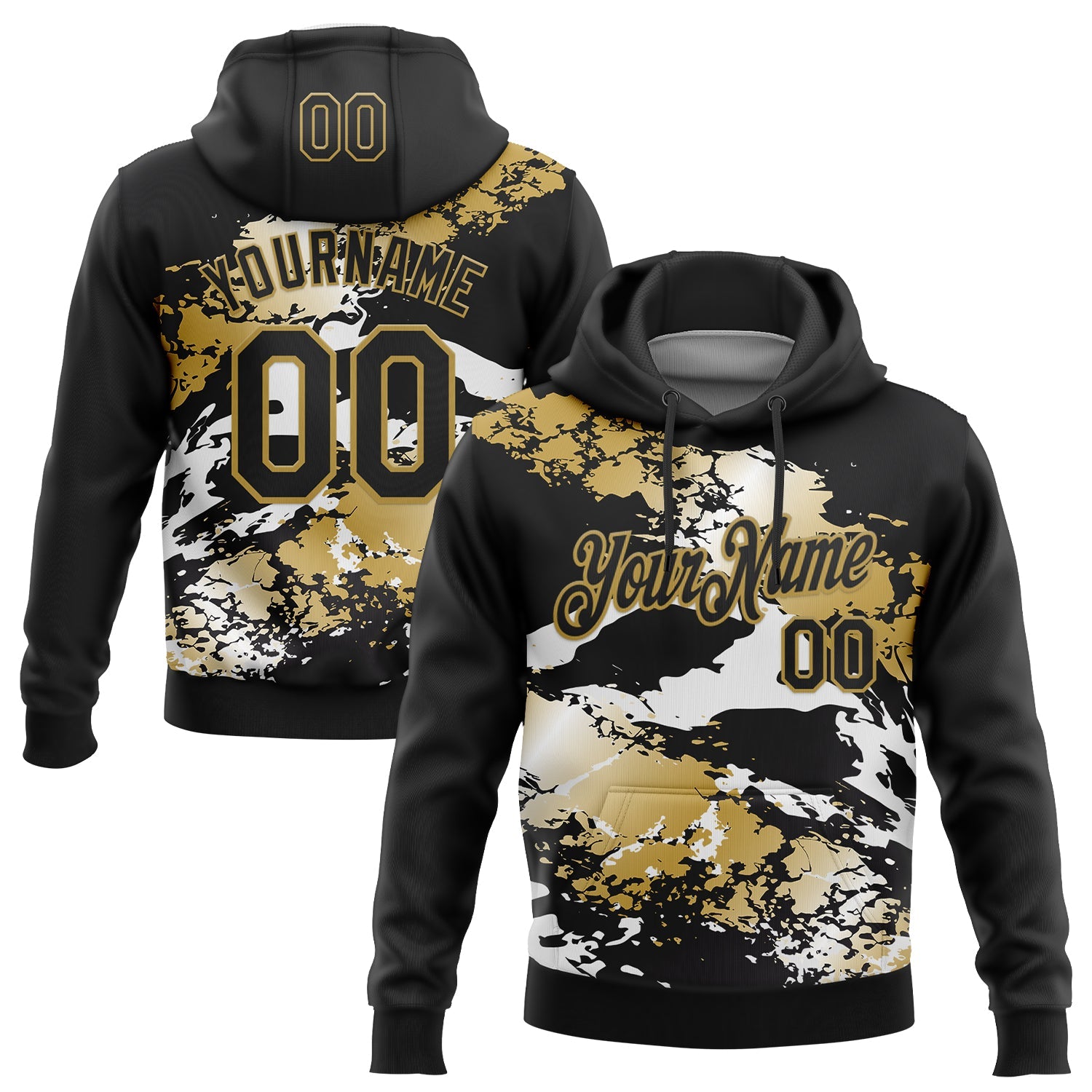 Custom Stitched Black Old Gold-White 3D Pattern Design Splash Sports Pullover Sweatshirt Hoodie