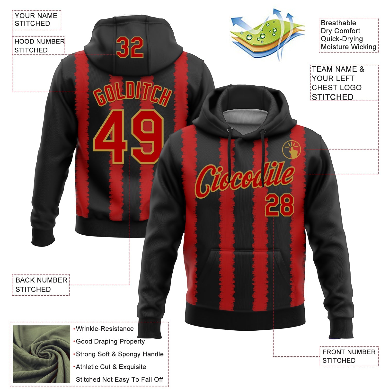 Custom Stitched Black Red-Old Gold 3D Pattern Design Line Sports Pullover Sweatshirt Hoodie