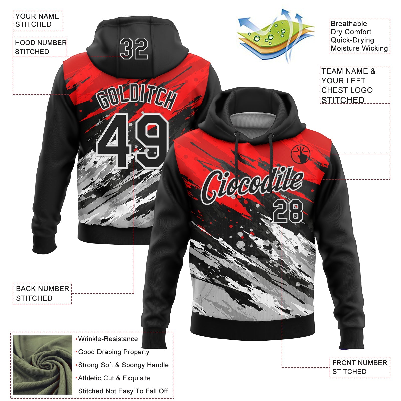 Custom Stitched Black Red-White 3D Pattern Design Splash Sports Pullover Sweatshirt Hoodie