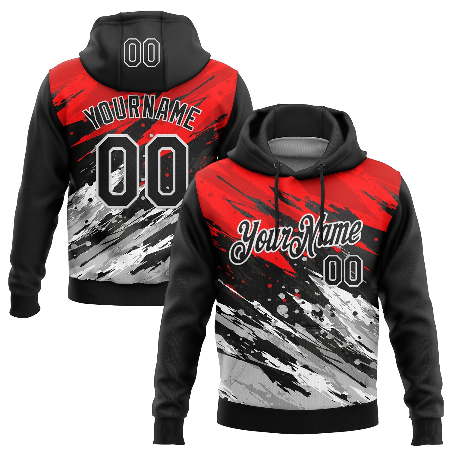 Custom Stitched Black Red-White 3D Pattern Design Splash Sports Pullover Sweatshirt Hoodie