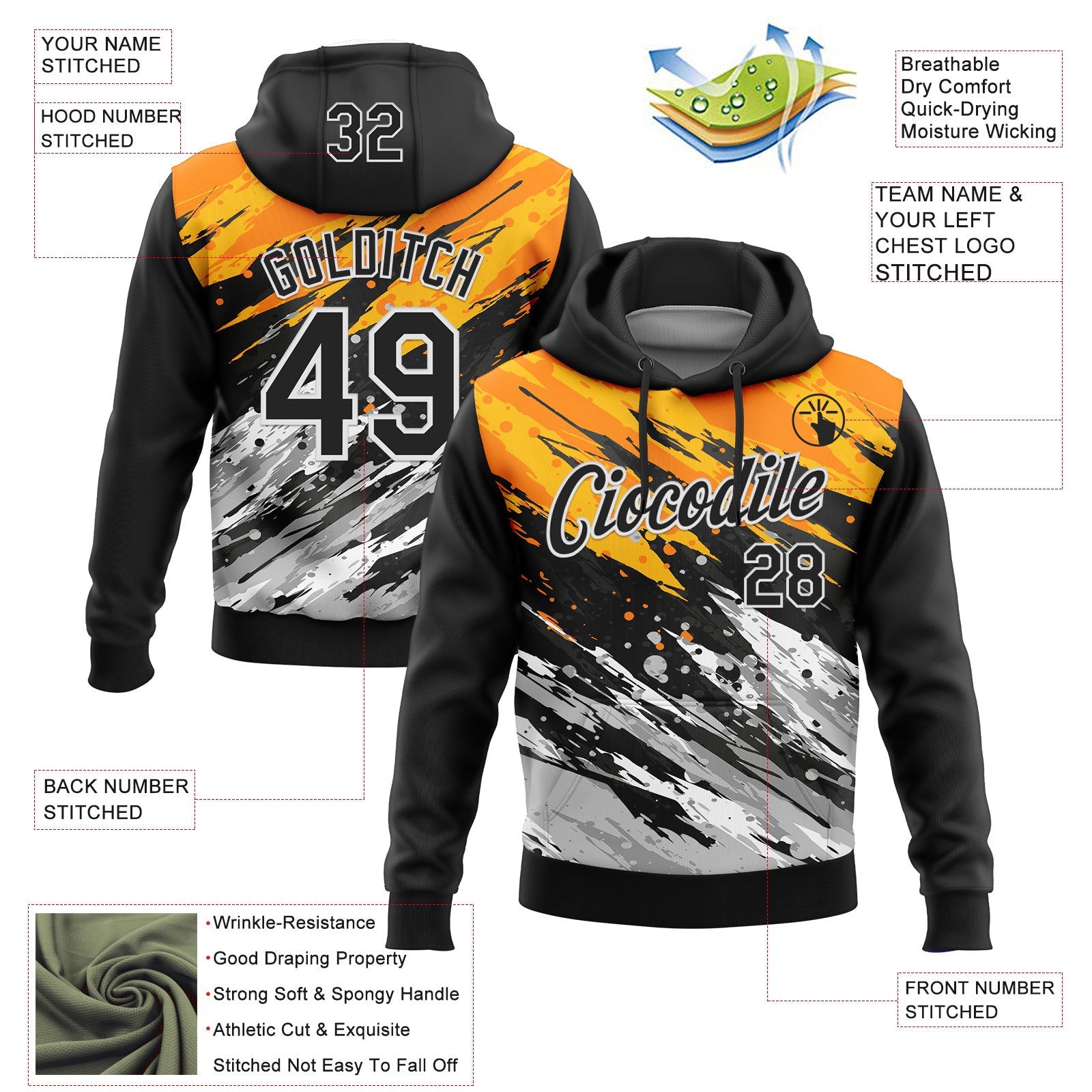 Custom Stitched Black Yellow-Gray 3D Pattern Design Splash Sports Pullover Sweatshirt Hoodie