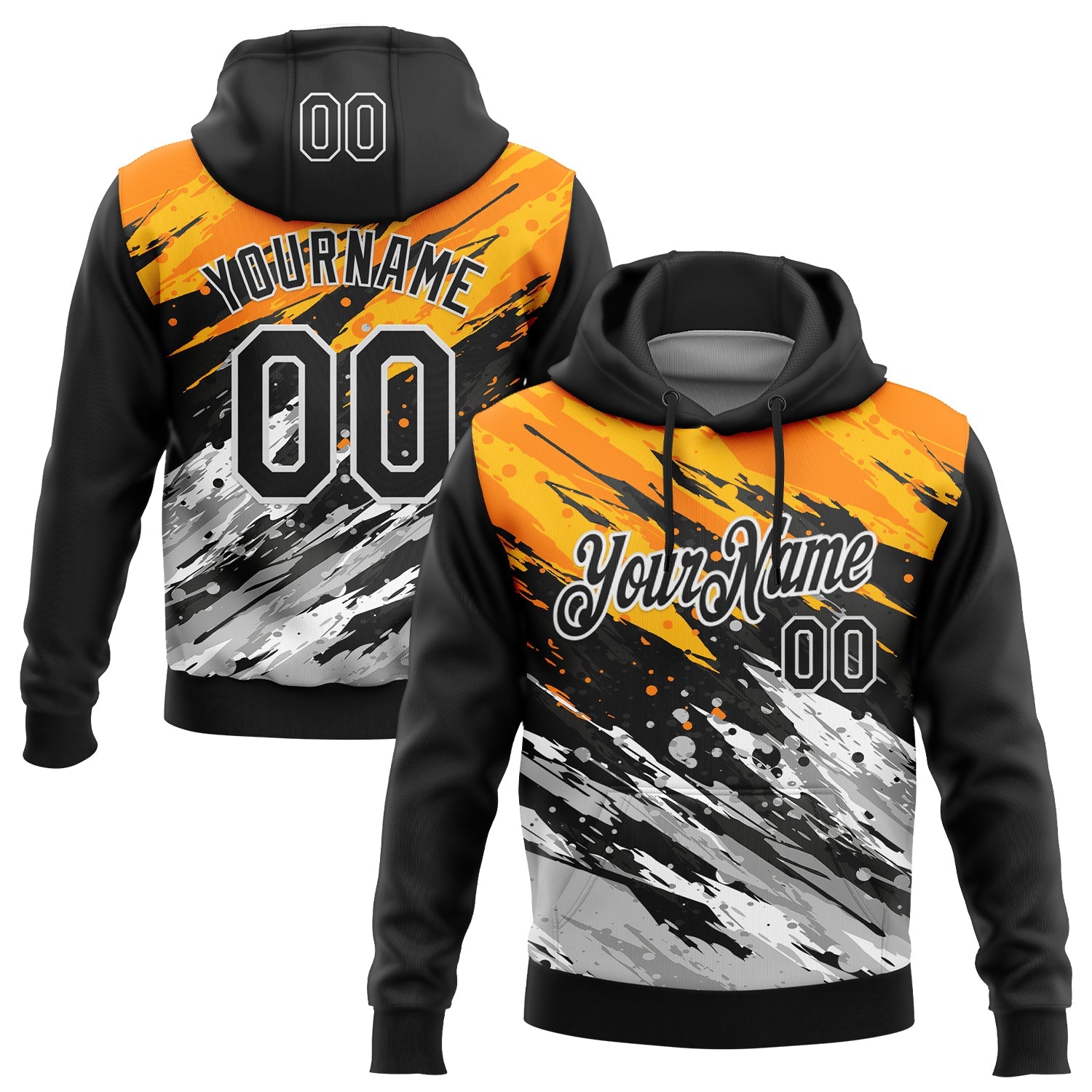 Custom Stitched Black Yellow-Gray 3D Pattern Design Splash Sports Pullover Sweatshirt Hoodie