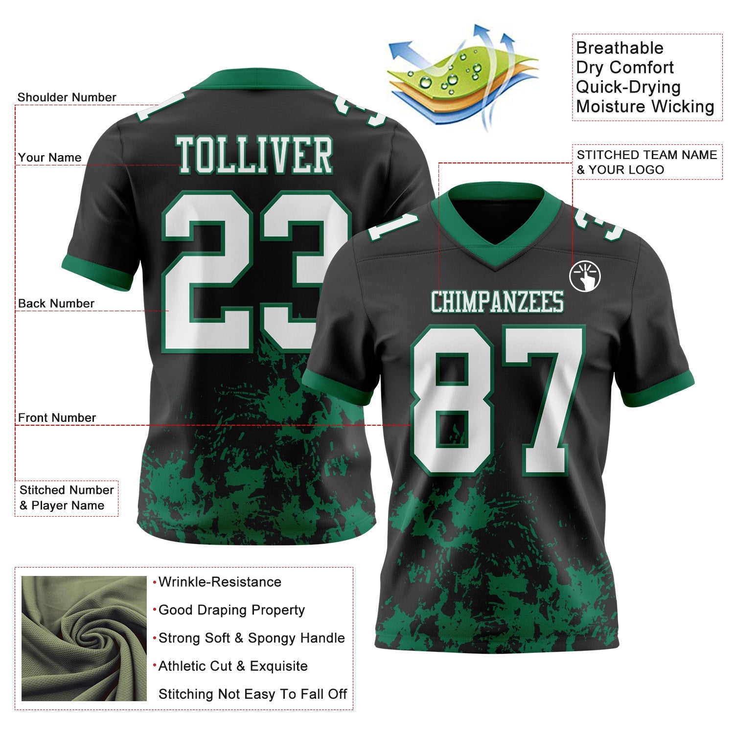 Custom Black White-Kelly Green 3D Pattern Splash Authentic Football Jersey