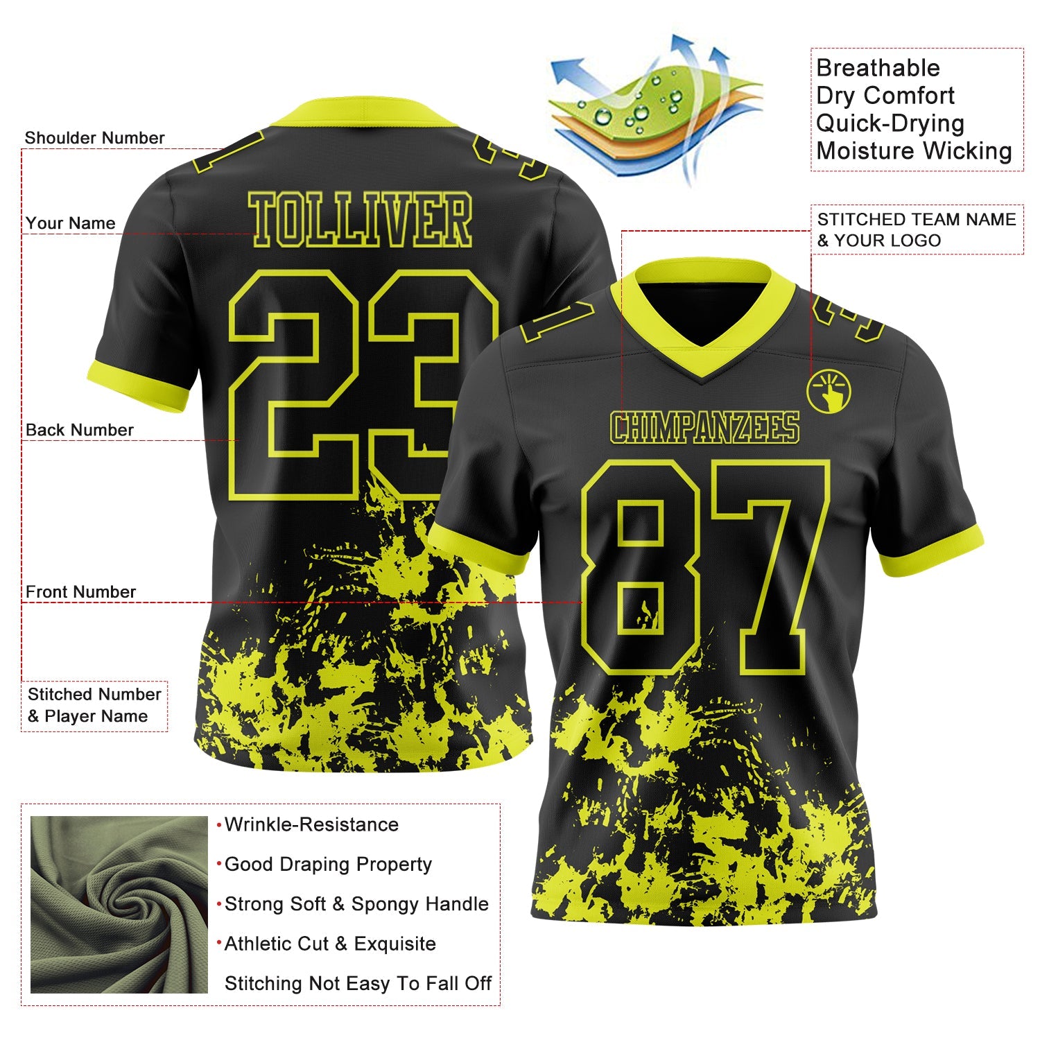Custom Black Neon Yellow 3D Pattern Splash Authentic Football Jersey