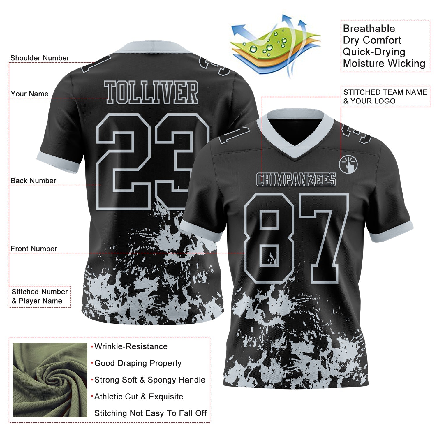 Custom Black Silver 3D Pattern Splash Authentic Football Jersey