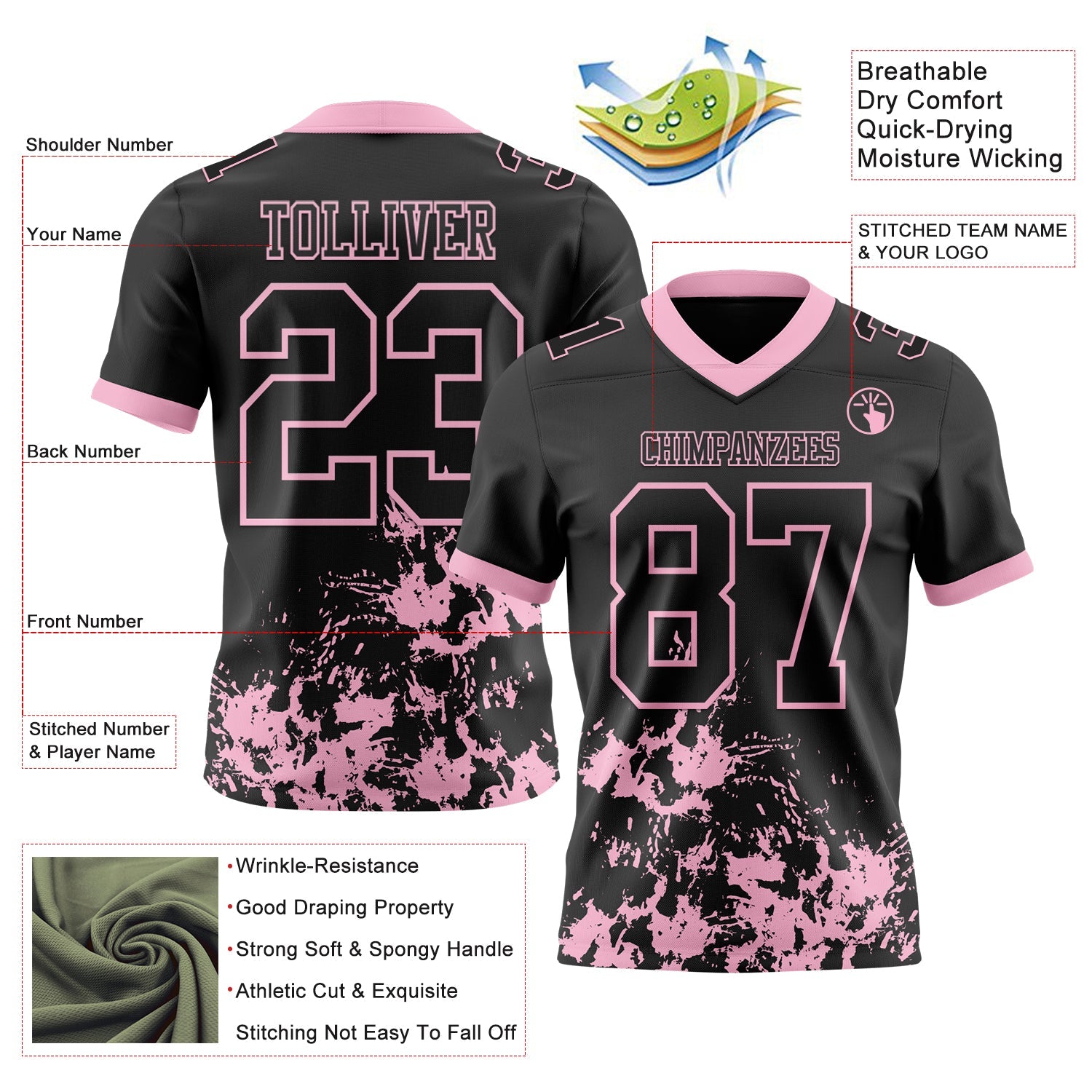 Custom Black Light Pink 3D Pattern Splash Authentic Football Jersey