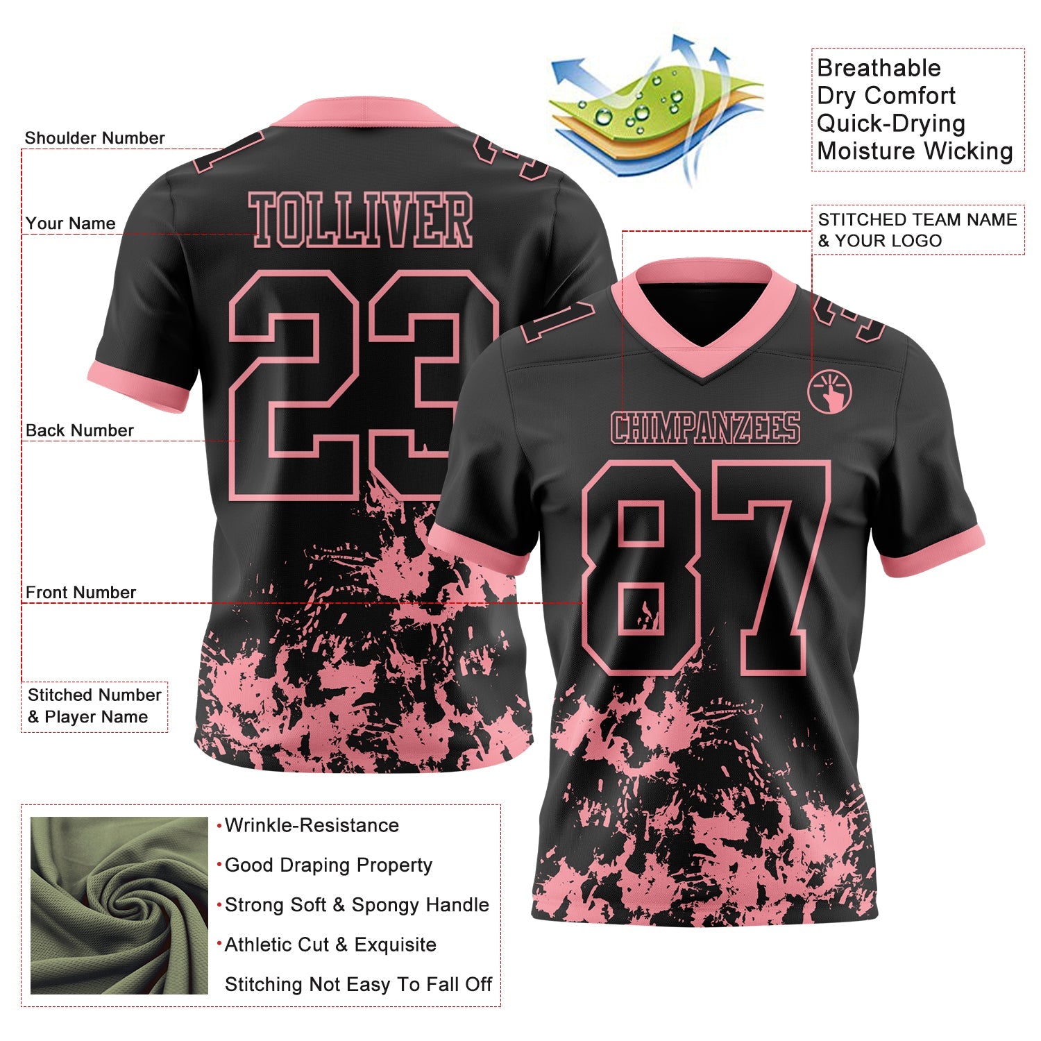 Custom Black Medium Pink 3D Pattern Splash Authentic Football Jersey