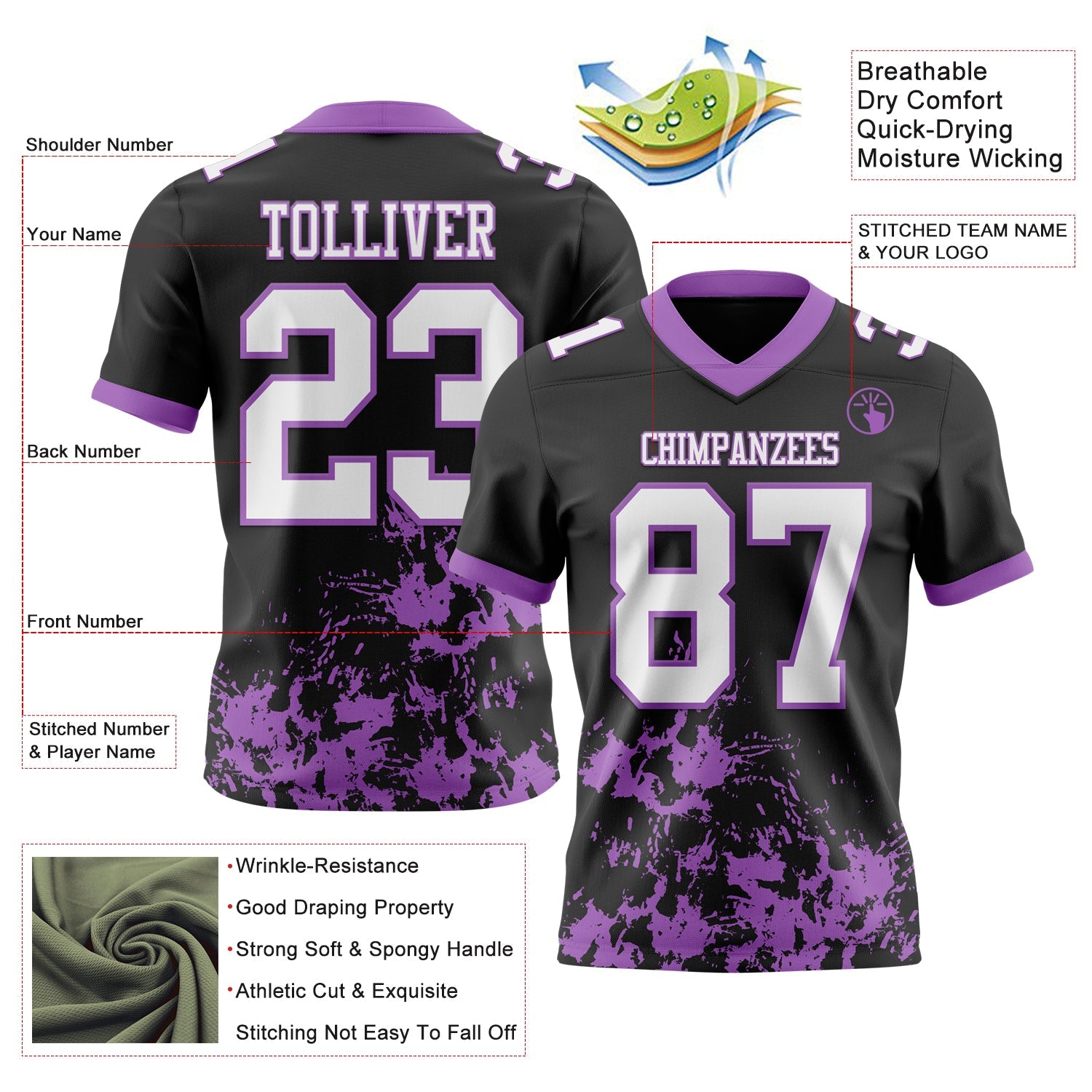 Custom Black White-Medium Purple 3D Pattern Splash Authentic Football Jersey