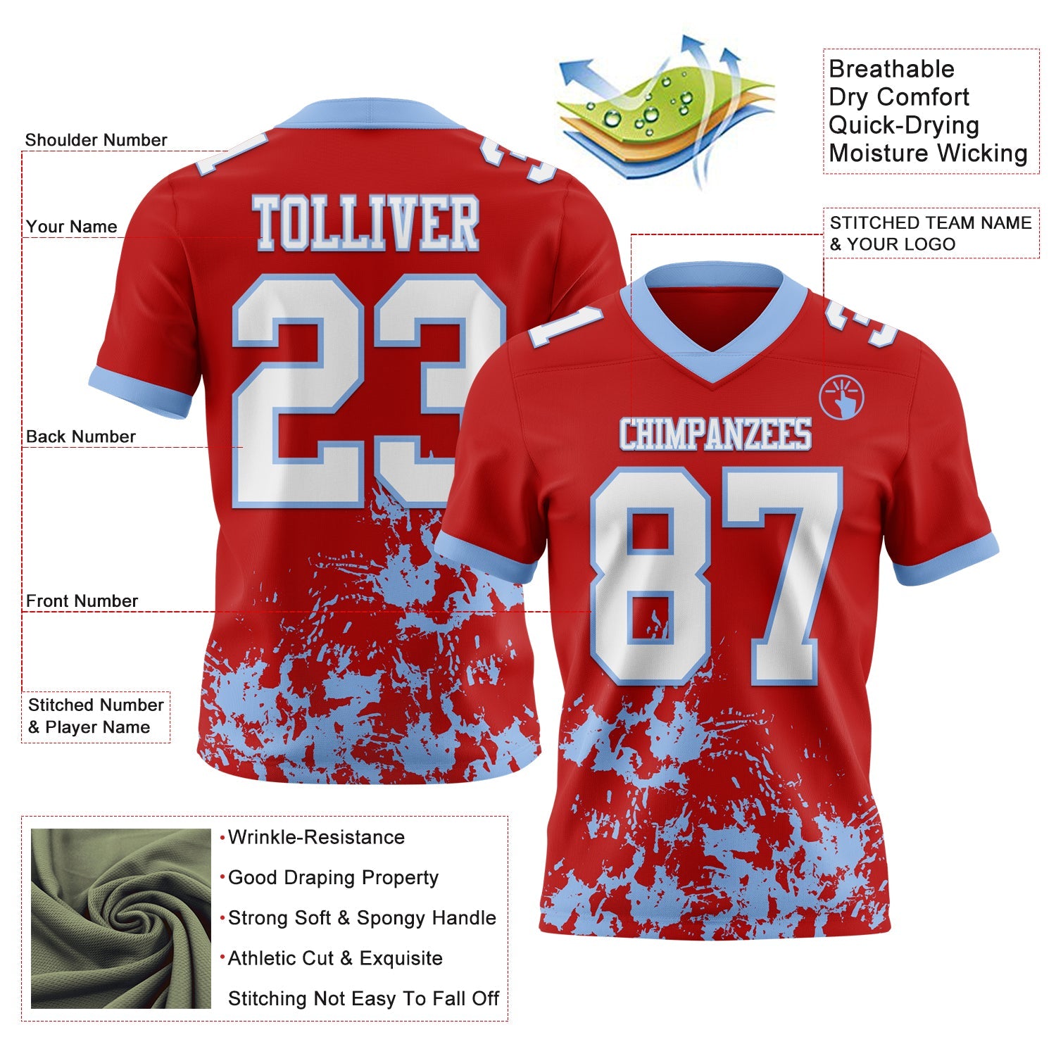 Custom Red White-Light Blue 3D Pattern Splash Authentic Football Jersey