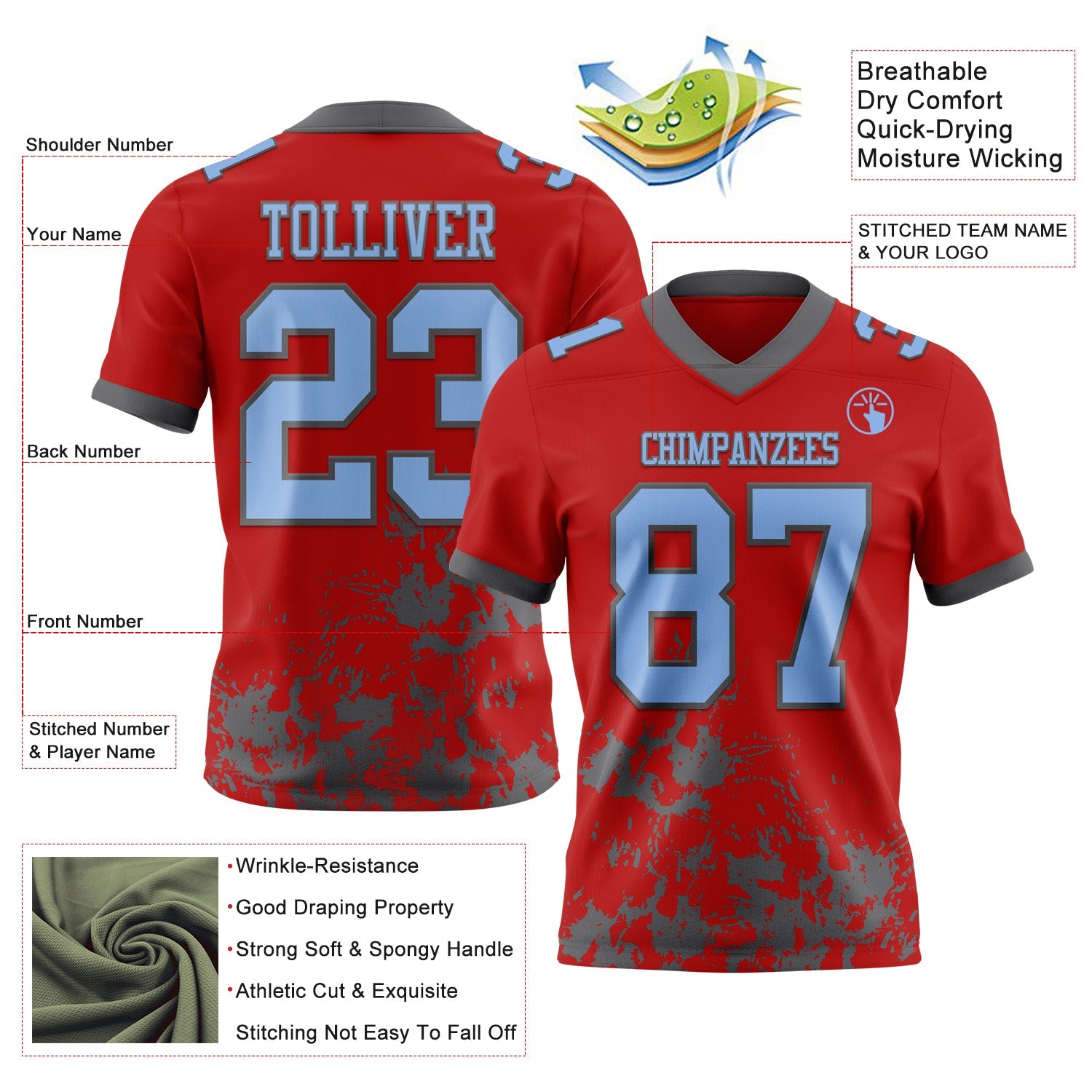 Custom Red Light Blue-Steel Gray 3D Pattern Splash Authentic Football Jersey