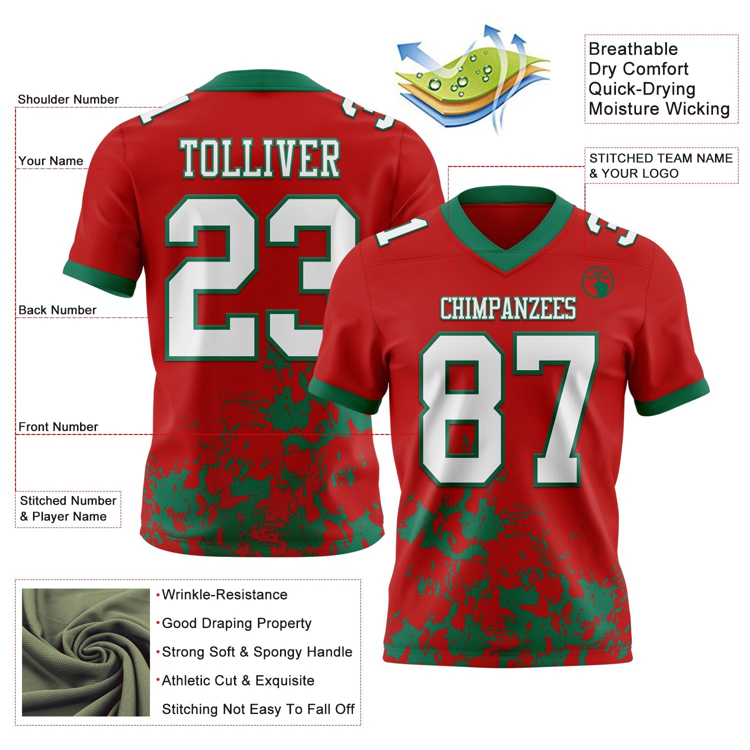 Custom Red White-Kelly Green 3D Pattern Splash Authentic Football Jersey
