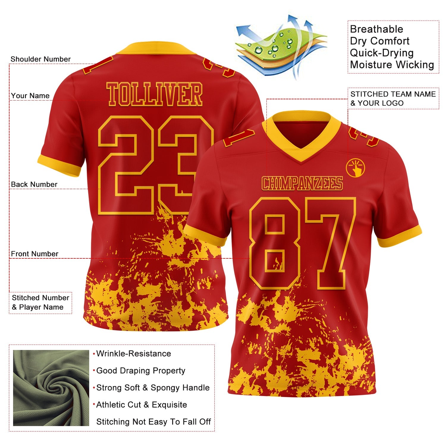 Custom Red Gold 3D Pattern Splash Authentic Football Jersey